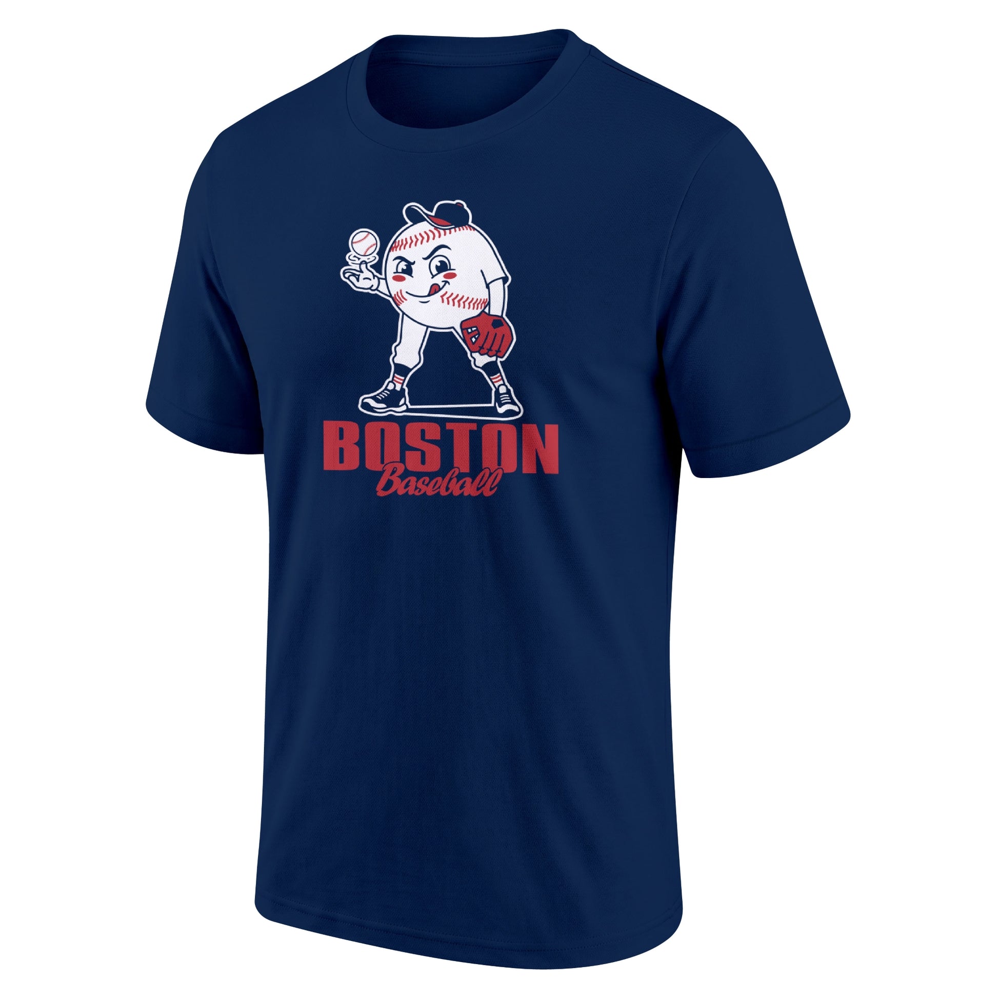 Boston Navy adult baseball T shirt front view with playful baseball character city lettering and striped sleeve accents