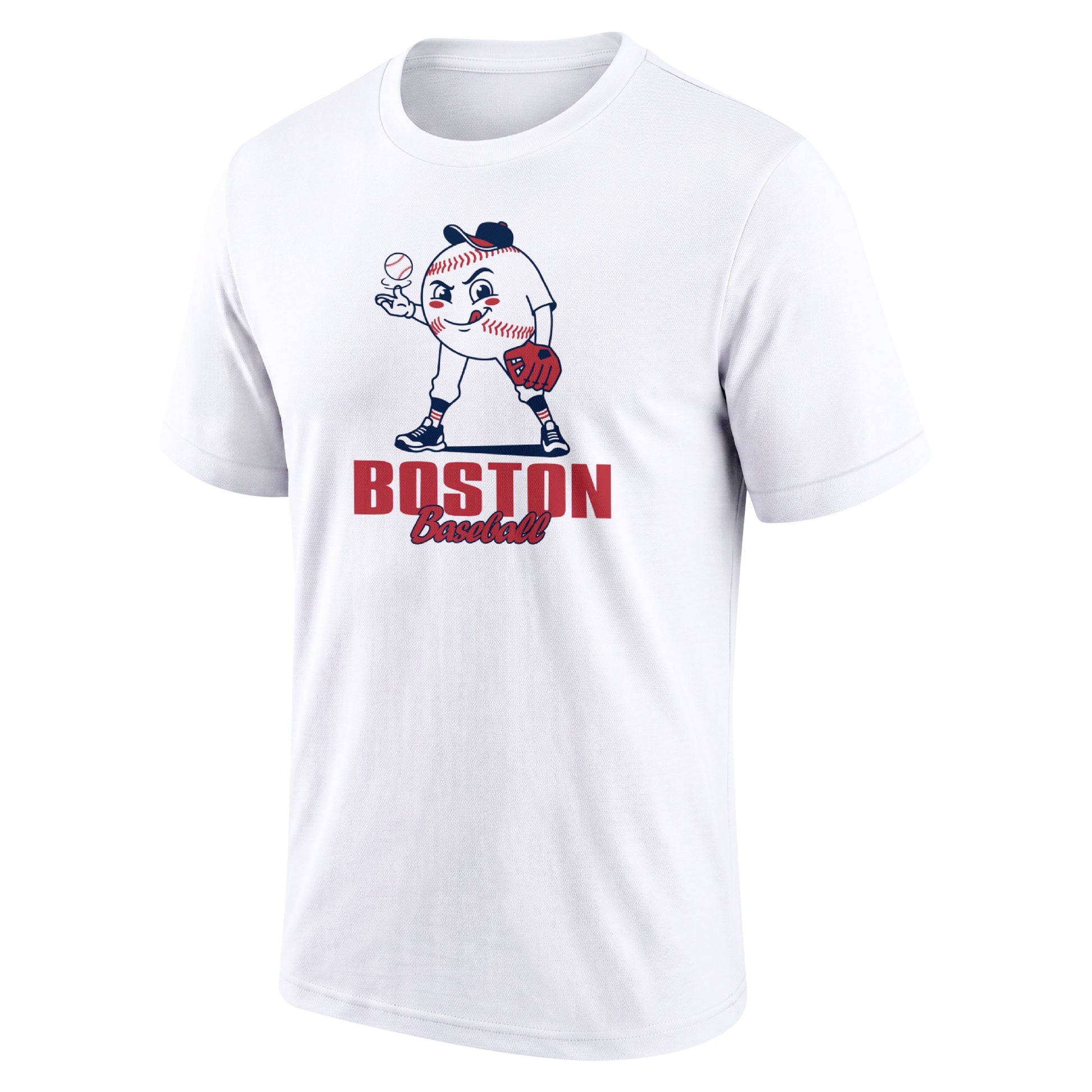 Boston White adult baseball T shirt front view with playful baseball character city lettering and striped sleeve accents