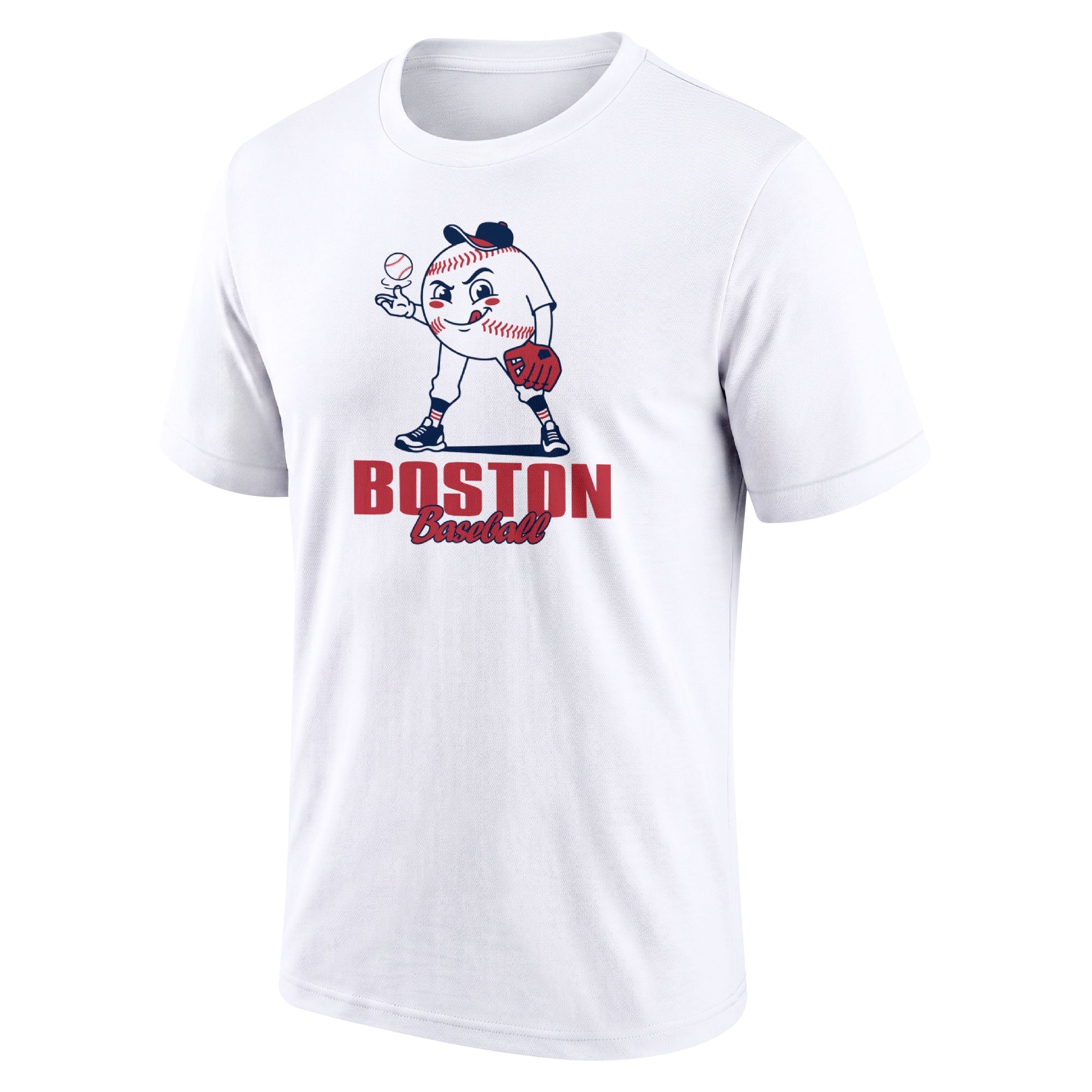 Boston White adult baseball T shirt front view with playful baseball character city lettering and striped sleeve accents