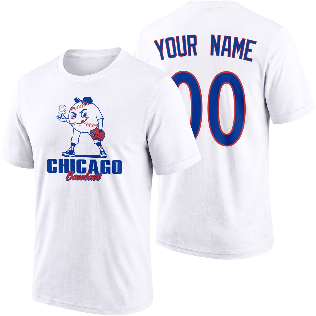 Chicago Blue personalized adult baseball character T shirt in Royal showing front and back with striped sleeves custom name and number