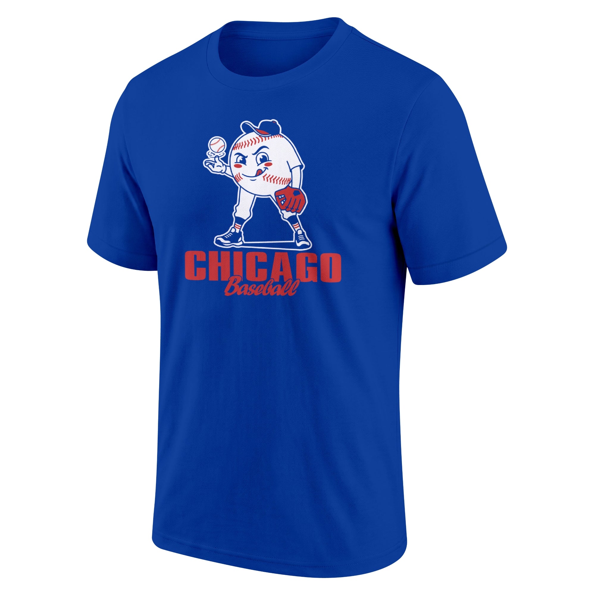Chicago Blue Royal adult baseball T shirt front view with playful baseball character city lettering and striped sleeve accents