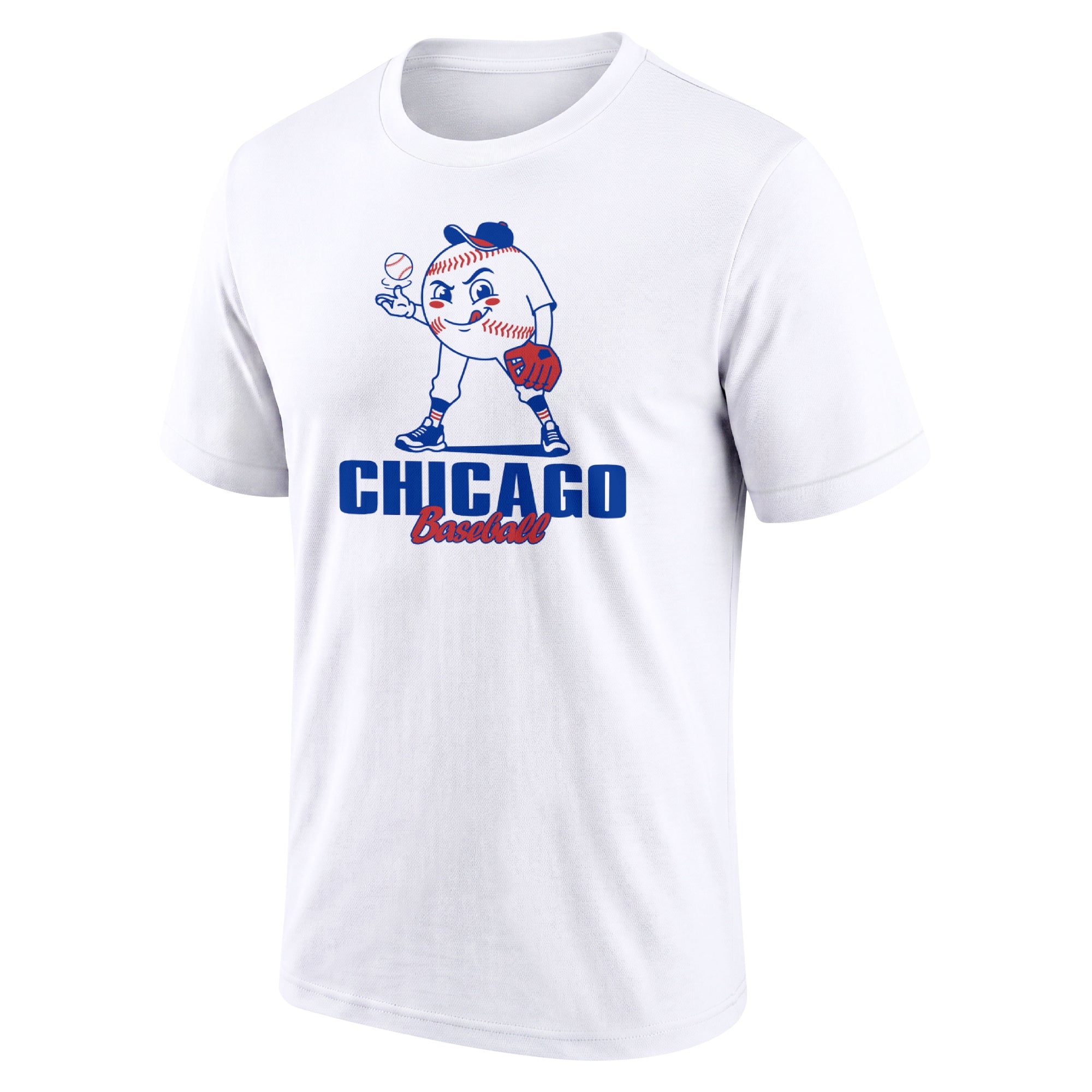 Chicago Blue White adult baseball T shirt front view with playful baseball character city lettering and striped sleeve accents