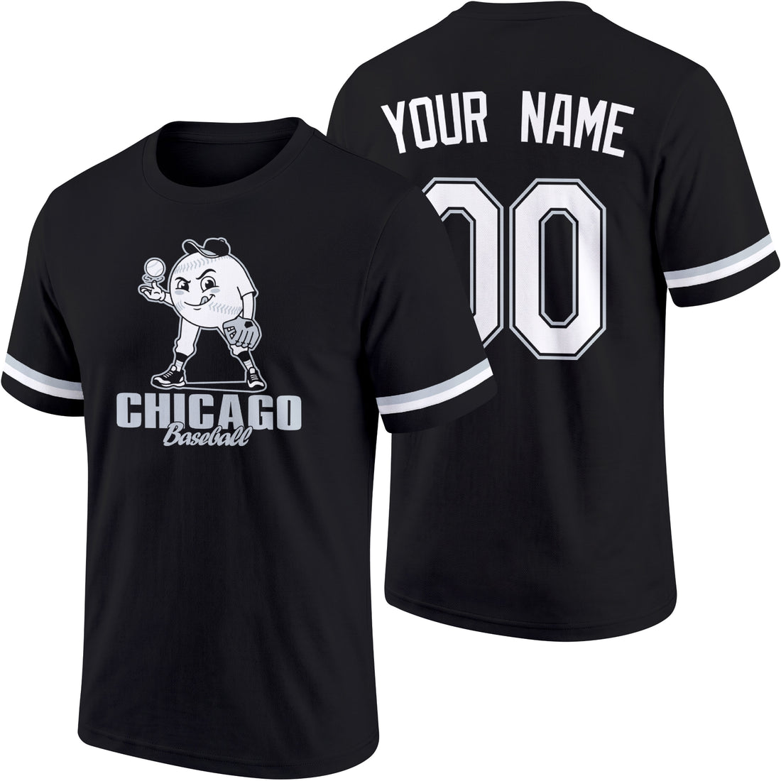 Chicago Black personalized adult baseball character T shirt in Black showing front and back with striped sleeves custom name and number