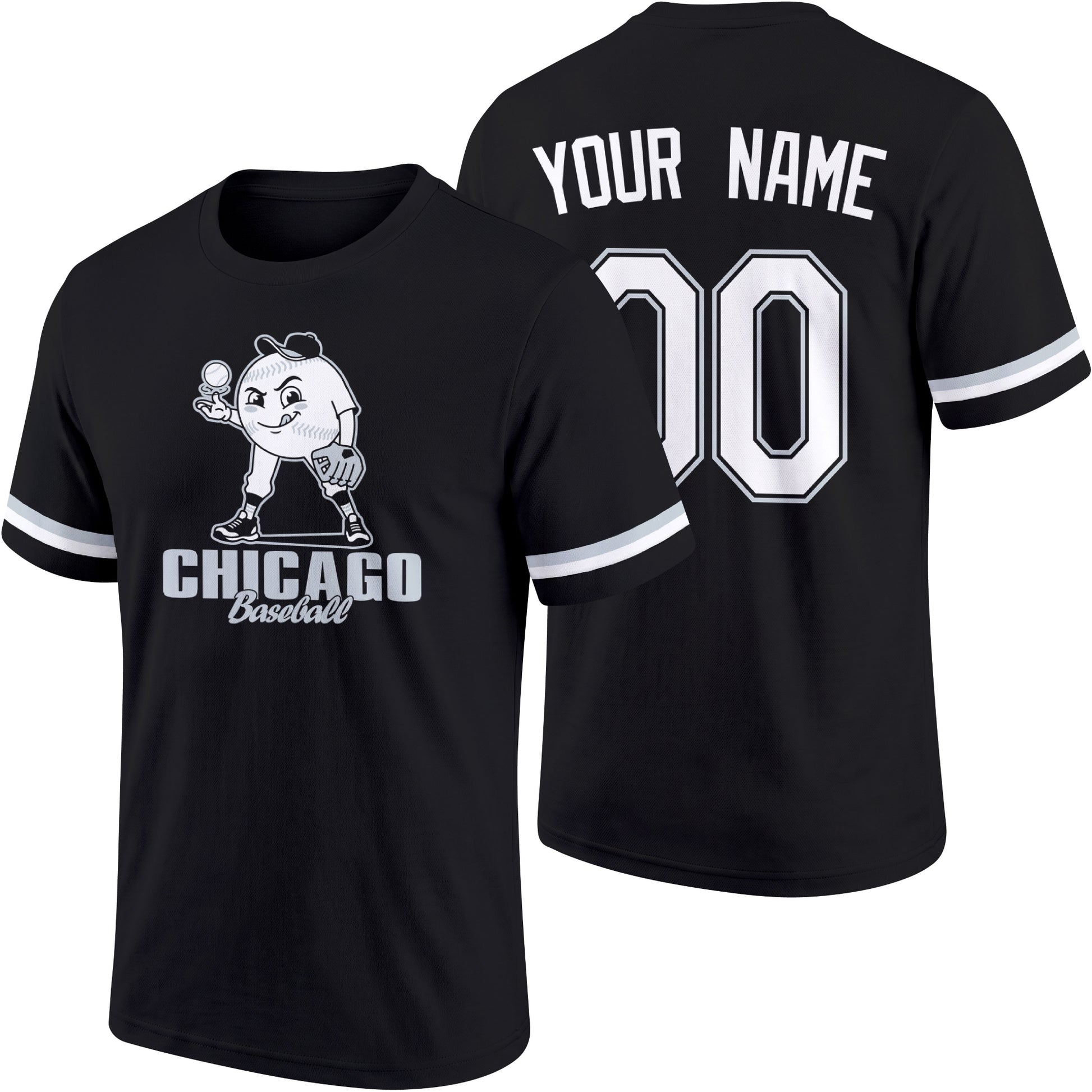 Chicago Black personalized adult baseball character T shirt in Black showing front and back with striped sleeves custom name and number
