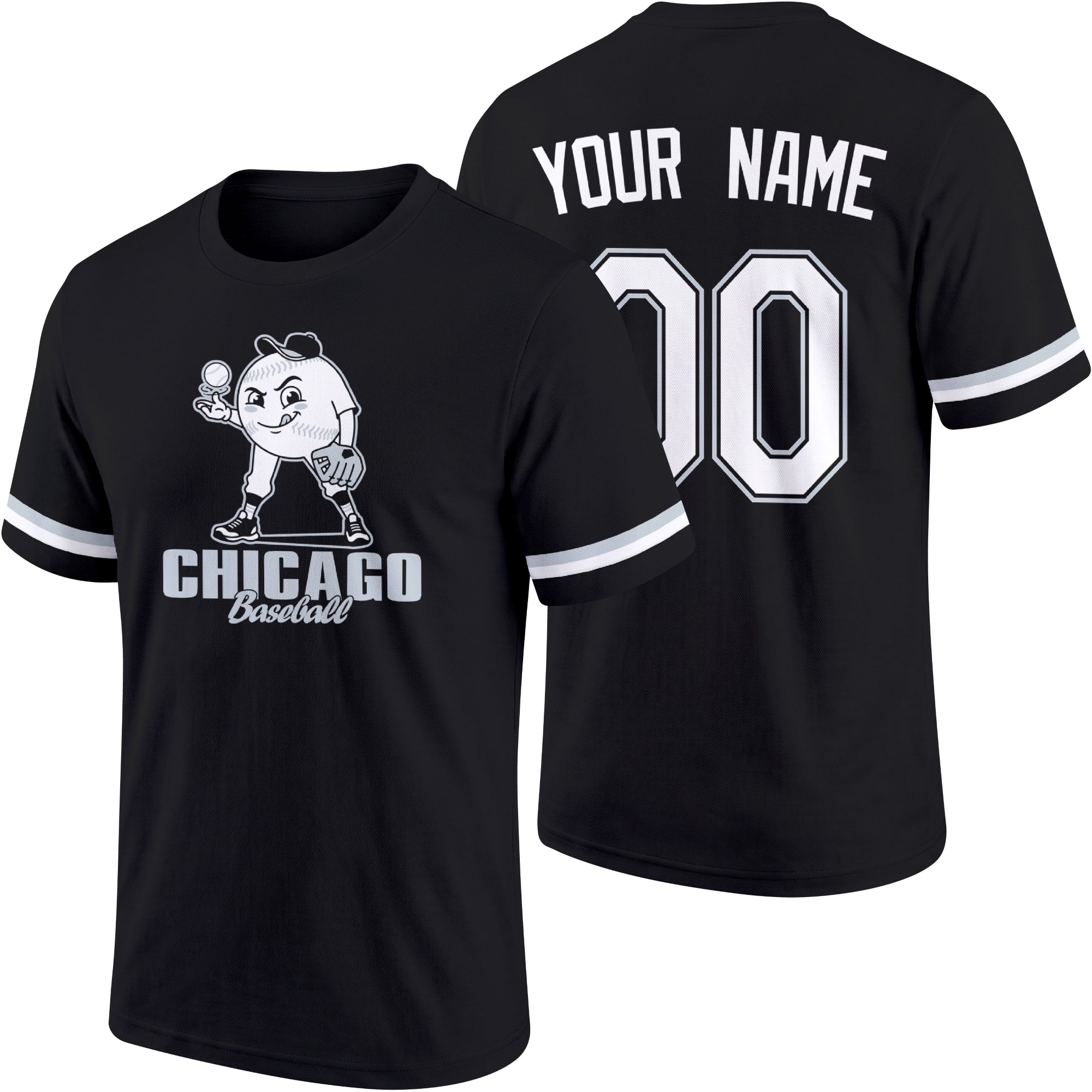 Chicago Black personalized adult baseball character T shirt in Black showing front and back with striped sleeves custom name and number