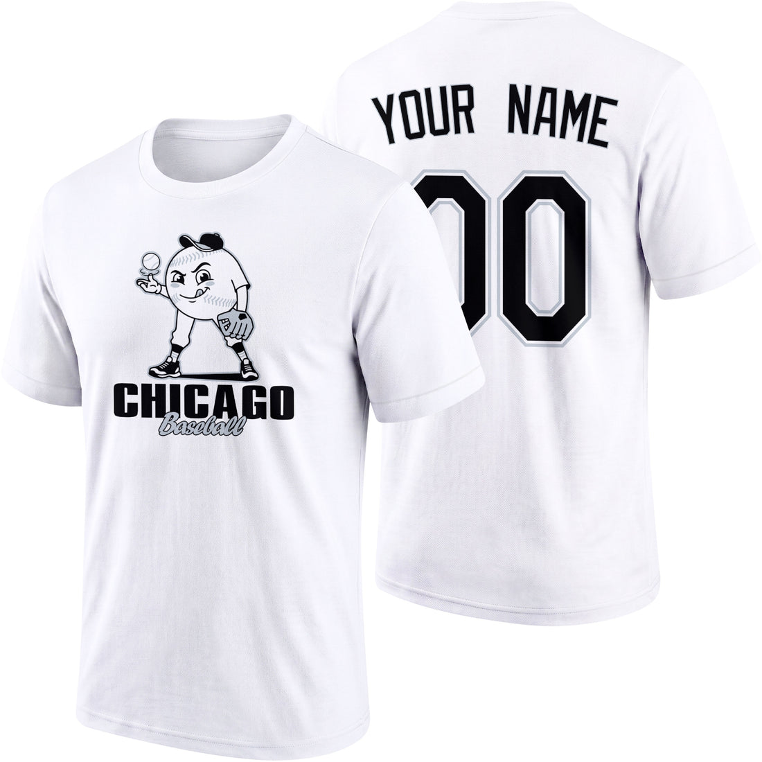 Chicago Black personalized adult baseball character T shirt in Black showing front and back with striped sleeves custom name and number