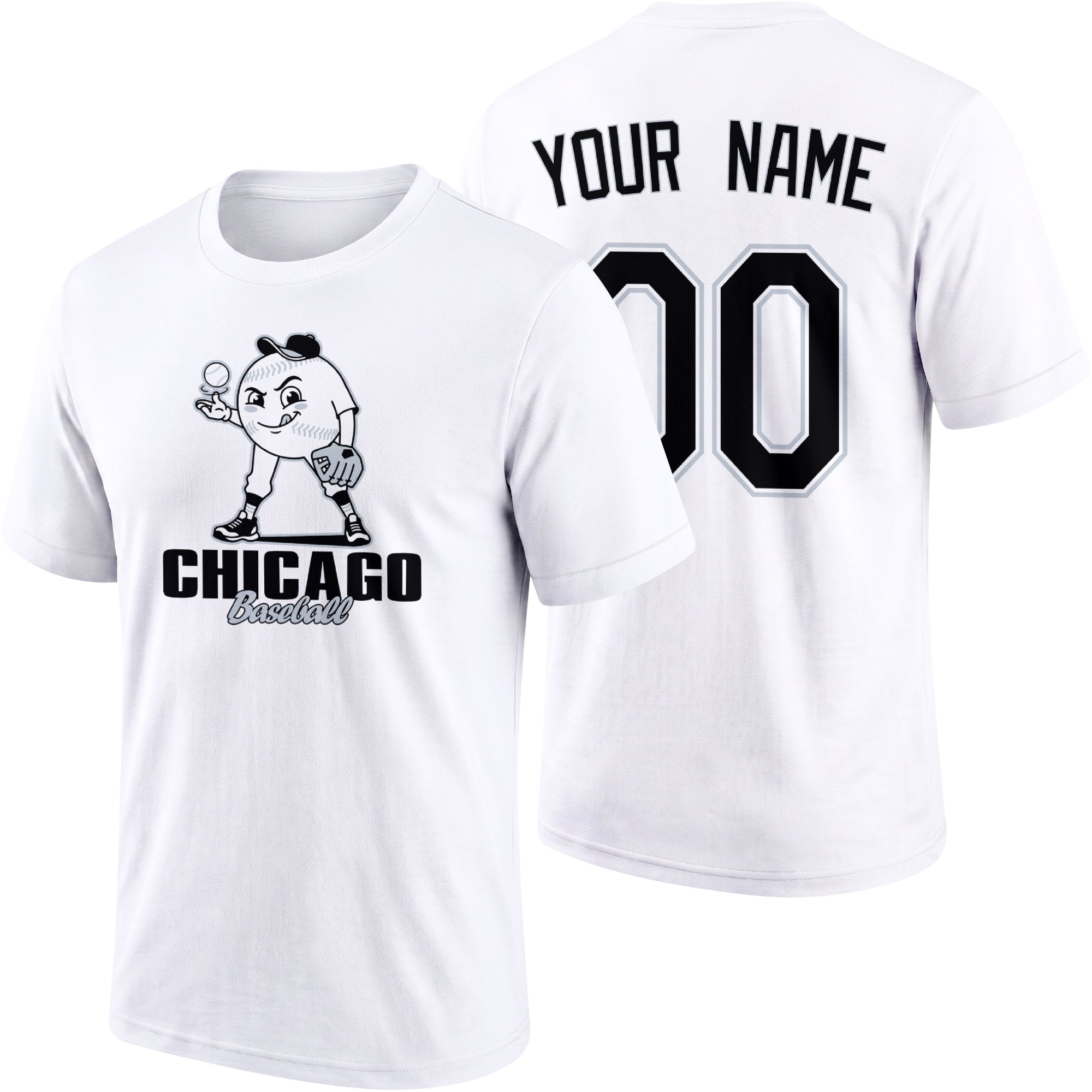 Chicago Black personalized adult baseball character T shirt in White showing front and back with striped sleeves custom name and number