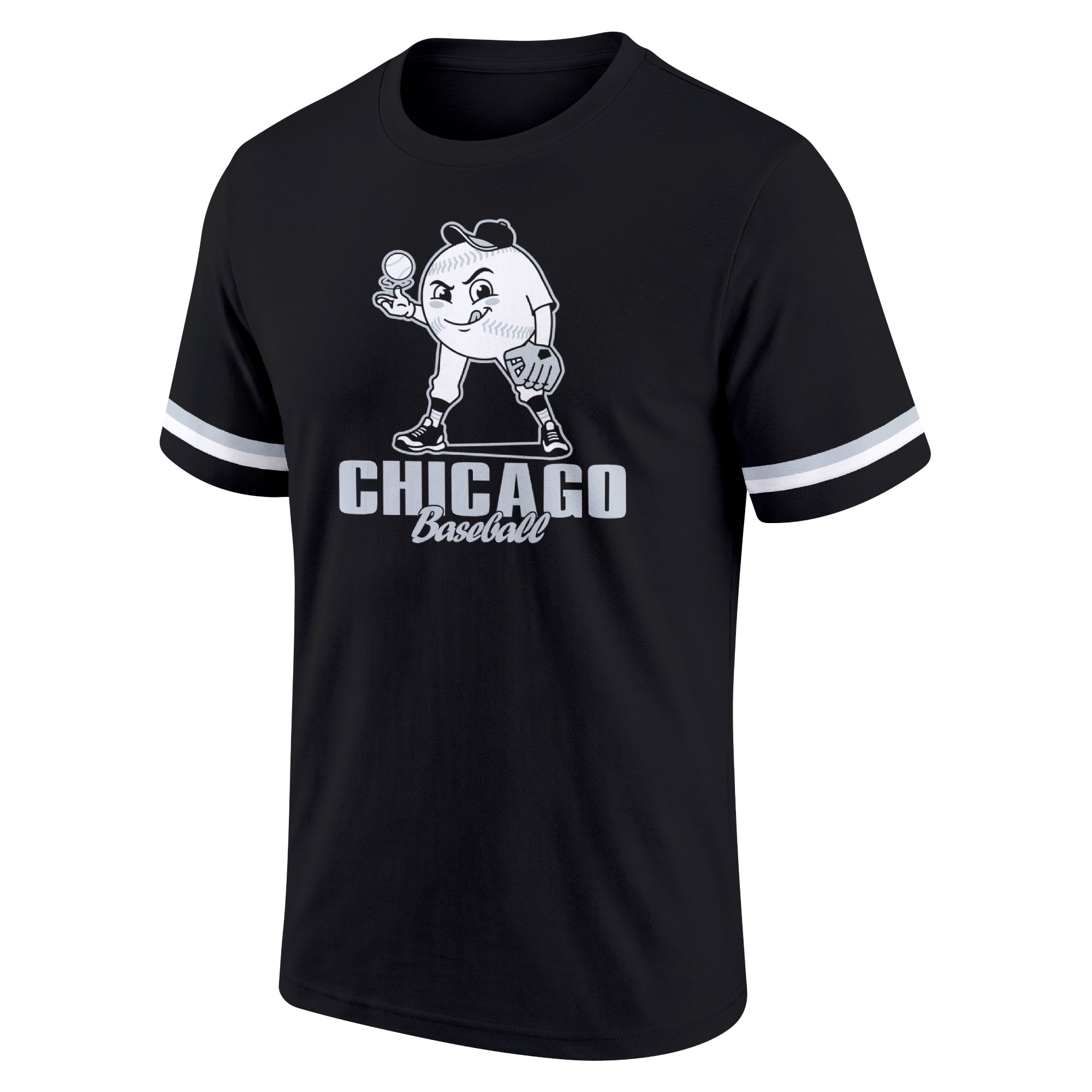 Chicago Black Black adult baseball T shirt front view with playful baseball character city lettering and striped sleeve accents