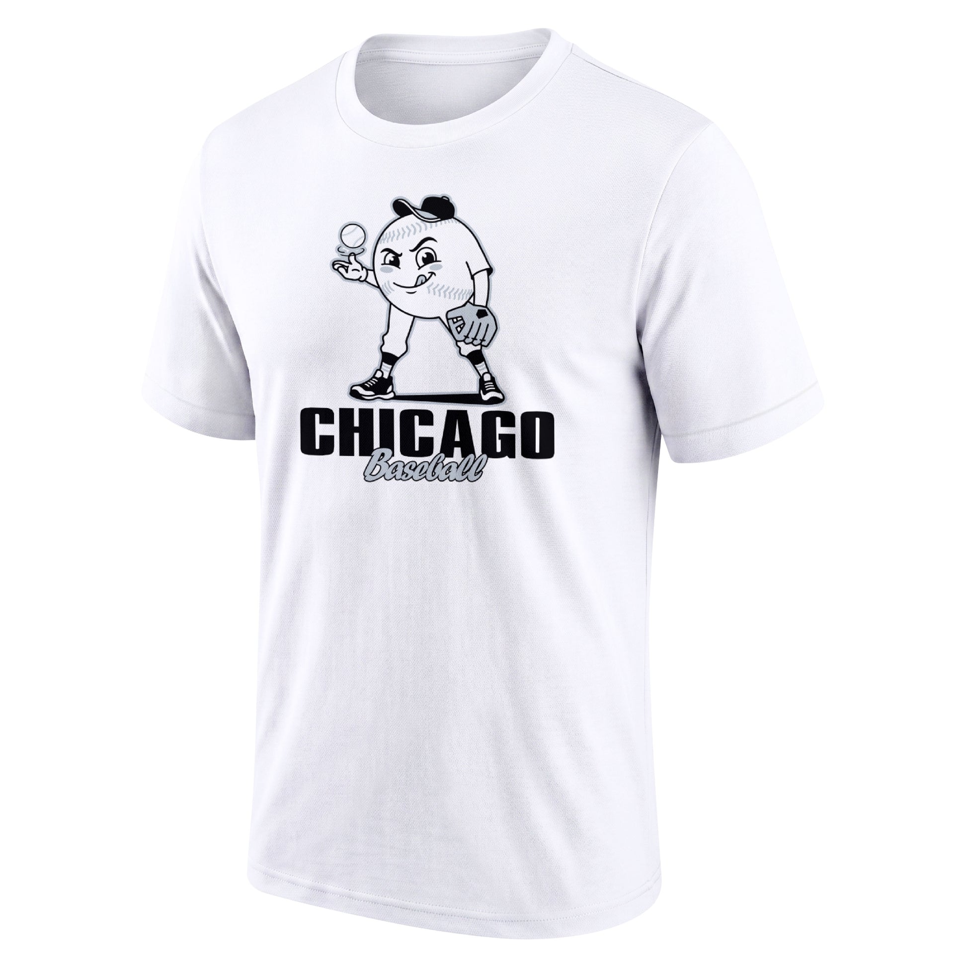 Chicago Black White adult baseball T shirt front view with playful baseball character city lettering and striped sleeve accents