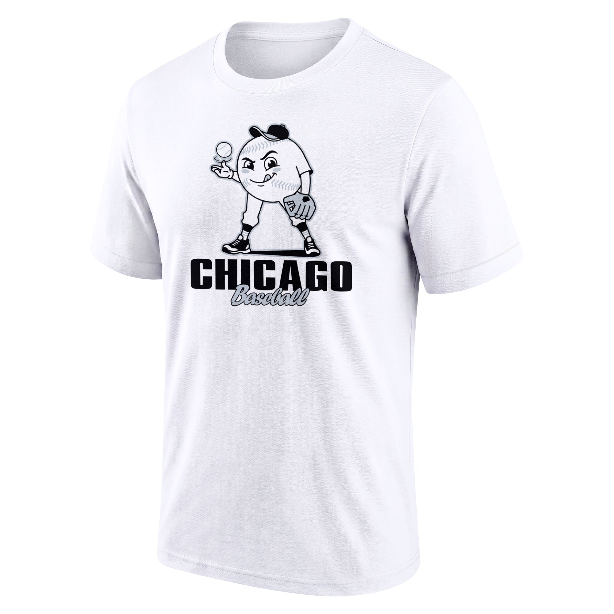 Chicago Black White adult baseball T shirt front view with playful baseball character city lettering and striped sleeve accents
