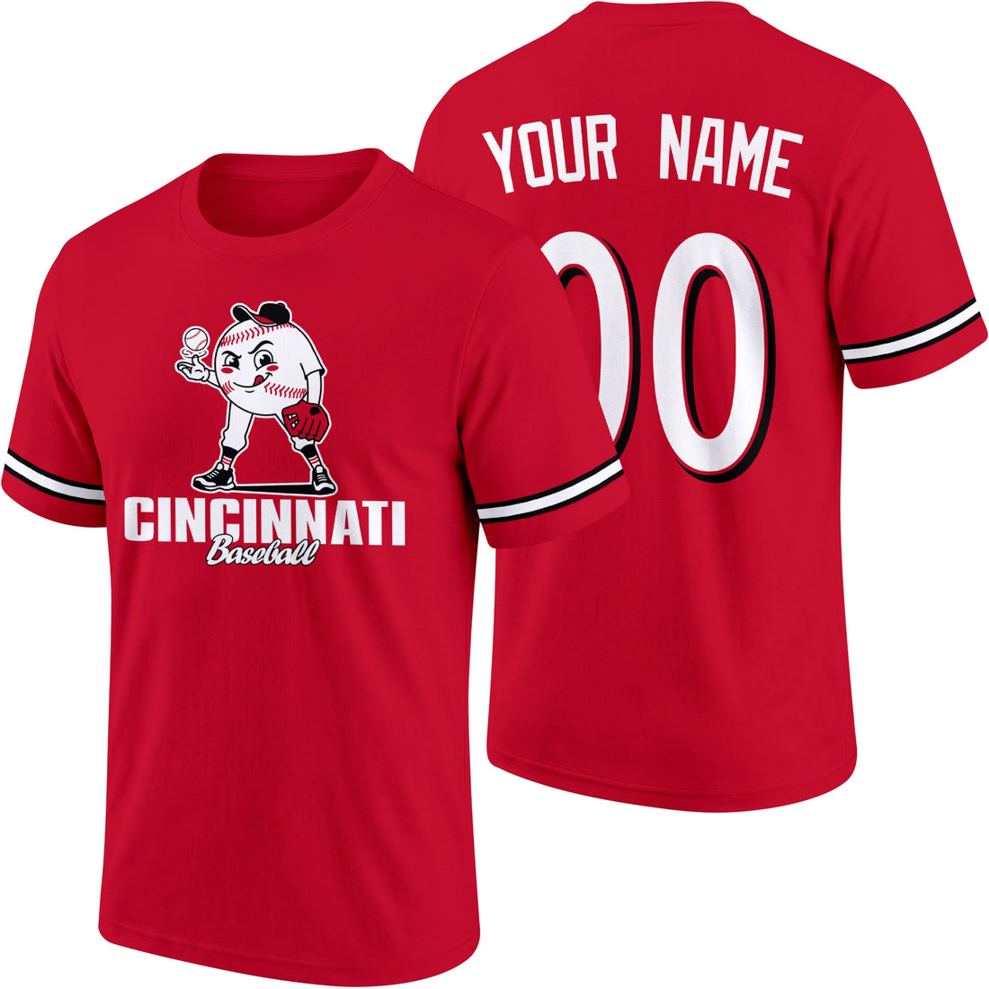Cincinnati personalized adult baseball character T shirt in Red showing front and back with striped sleeves custom name and number