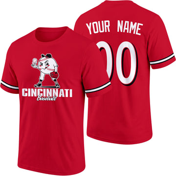 Cincinnati personalized adult baseball character T shirt in Red showing front and back with striped sleeves custom name and number