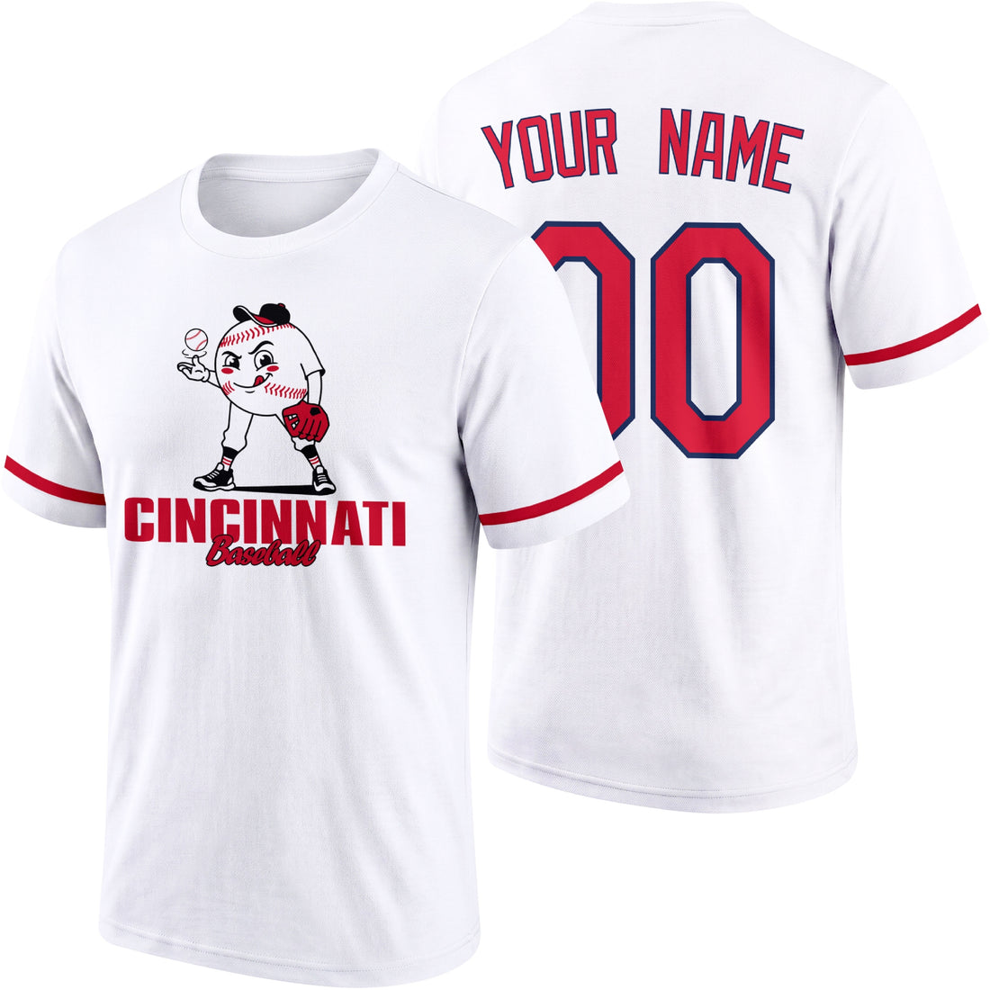 Cincinnati personalized adult baseball character T shirt in Red showing front and back with striped sleeves custom name and number