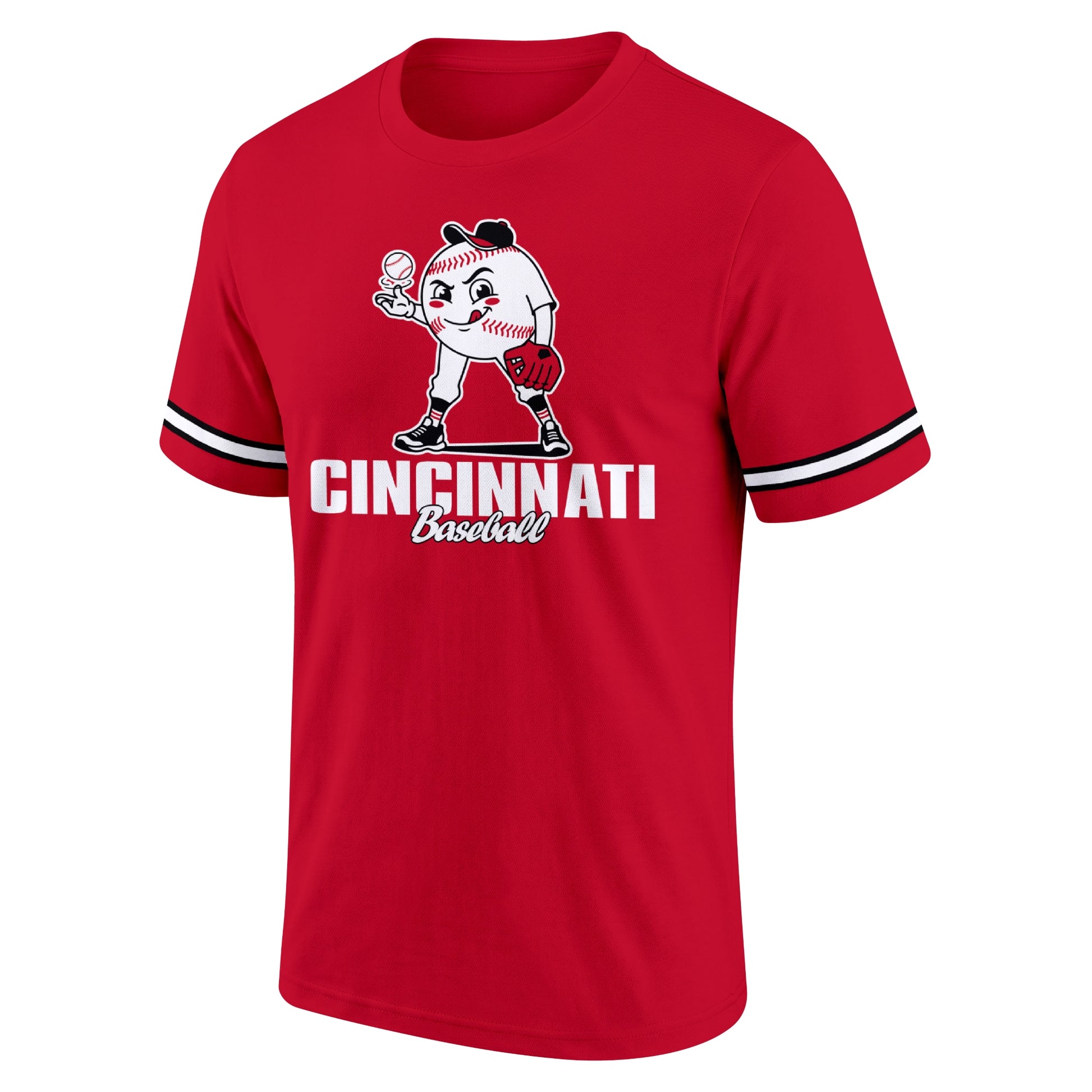 Cincinnati Red adult baseball T shirt front view with playful baseball character city lettering and striped sleeve accents