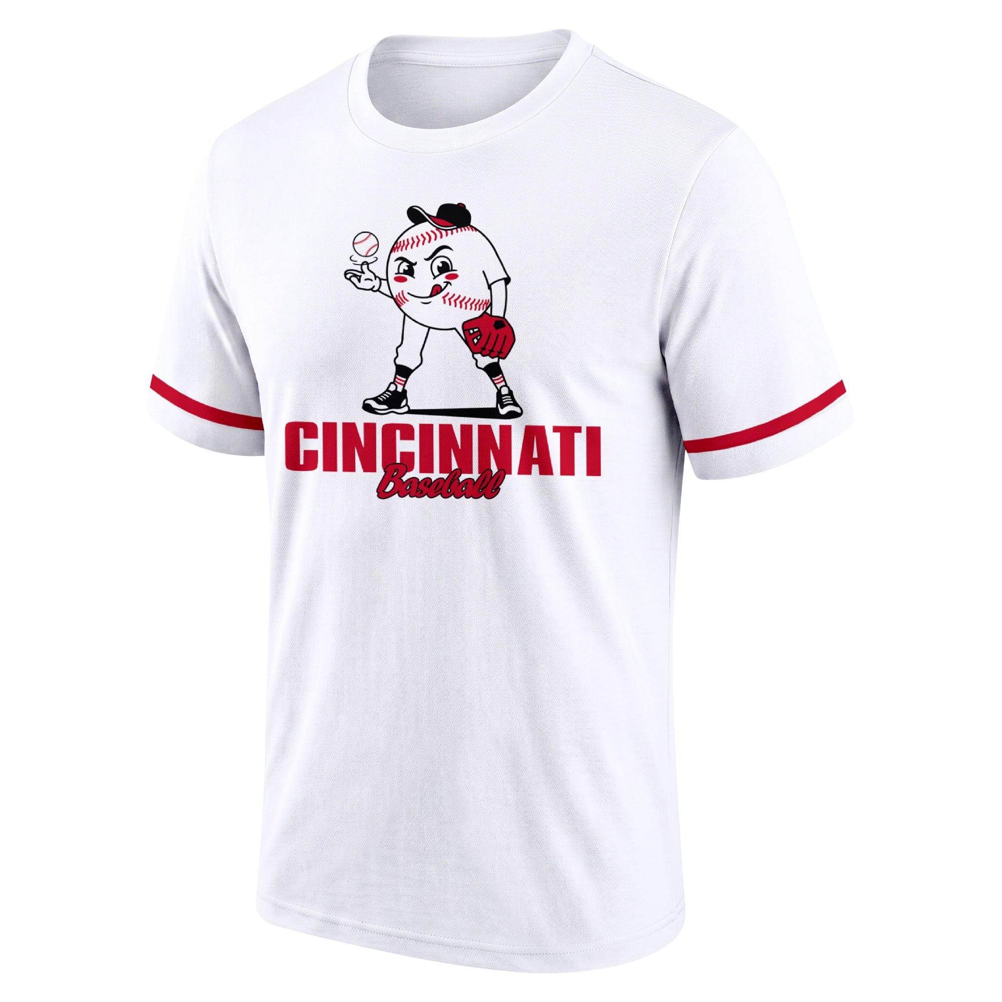Cincinnati White adult baseball T shirt front view with playful baseball character city lettering and striped sleeve accents
