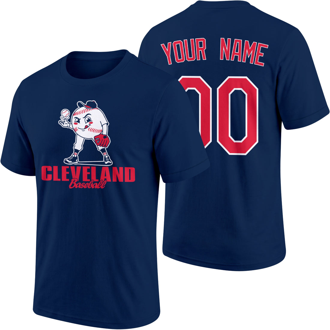 Cleveland personalized adult baseball character T shirt in Navy showing front and back with striped sleeves custom name and number