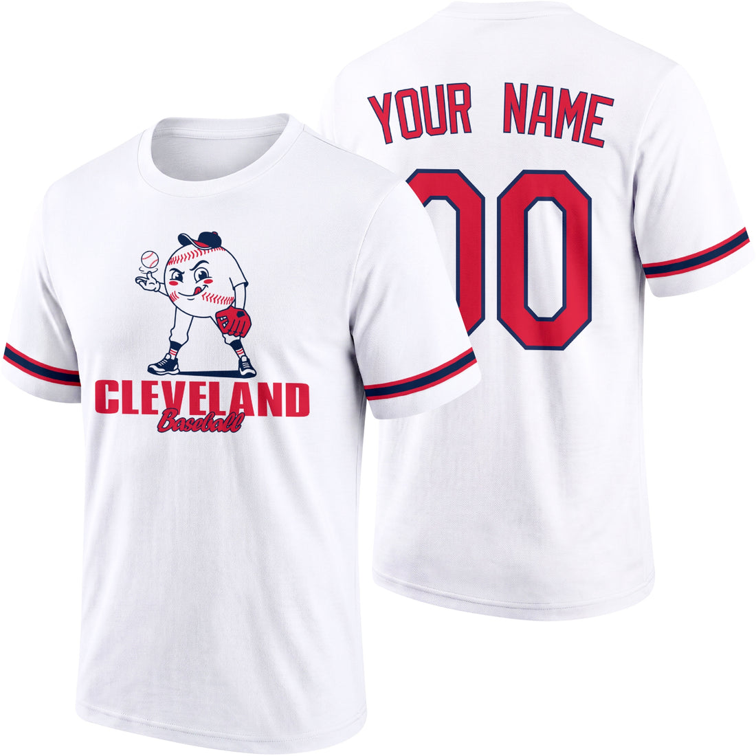 Cleveland personalized adult baseball character T shirt in Navy showing front and back with striped sleeves custom name and number