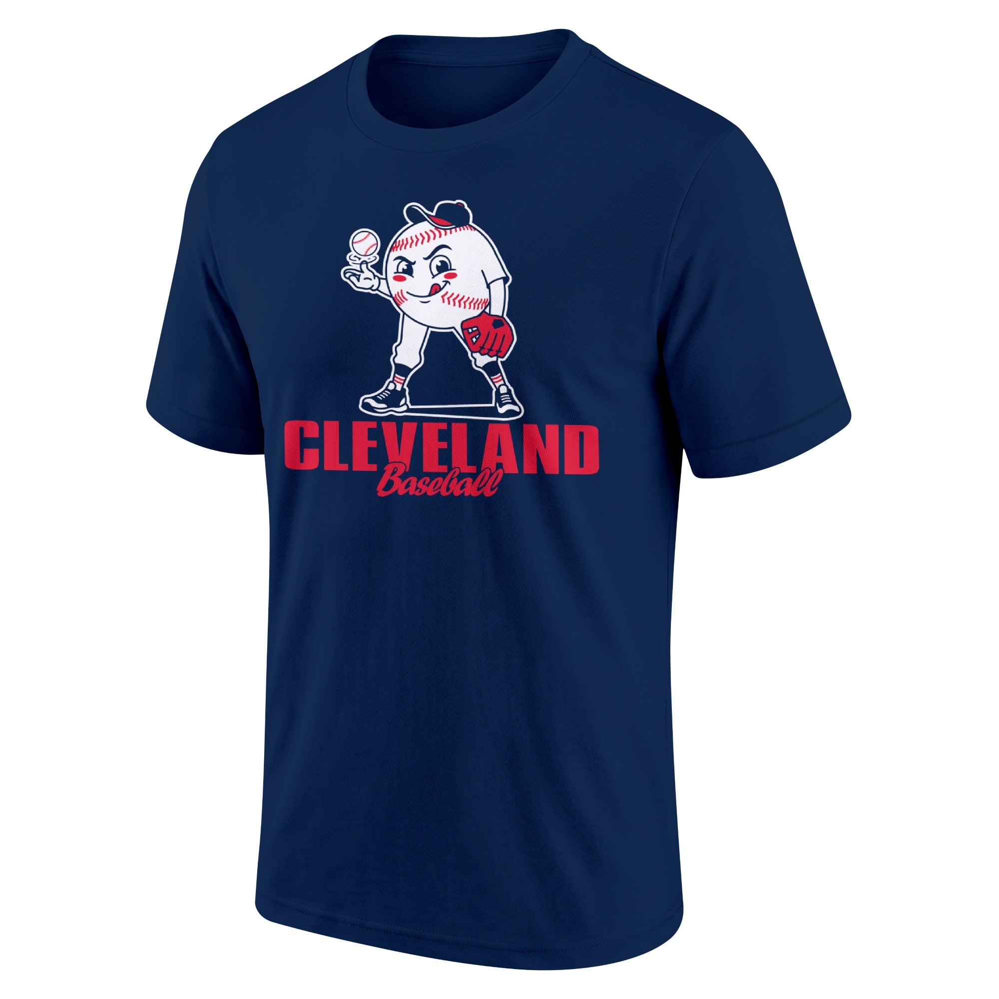 Cleveland Navy adult baseball T shirt front view with playful baseball character city lettering and striped sleeve accents