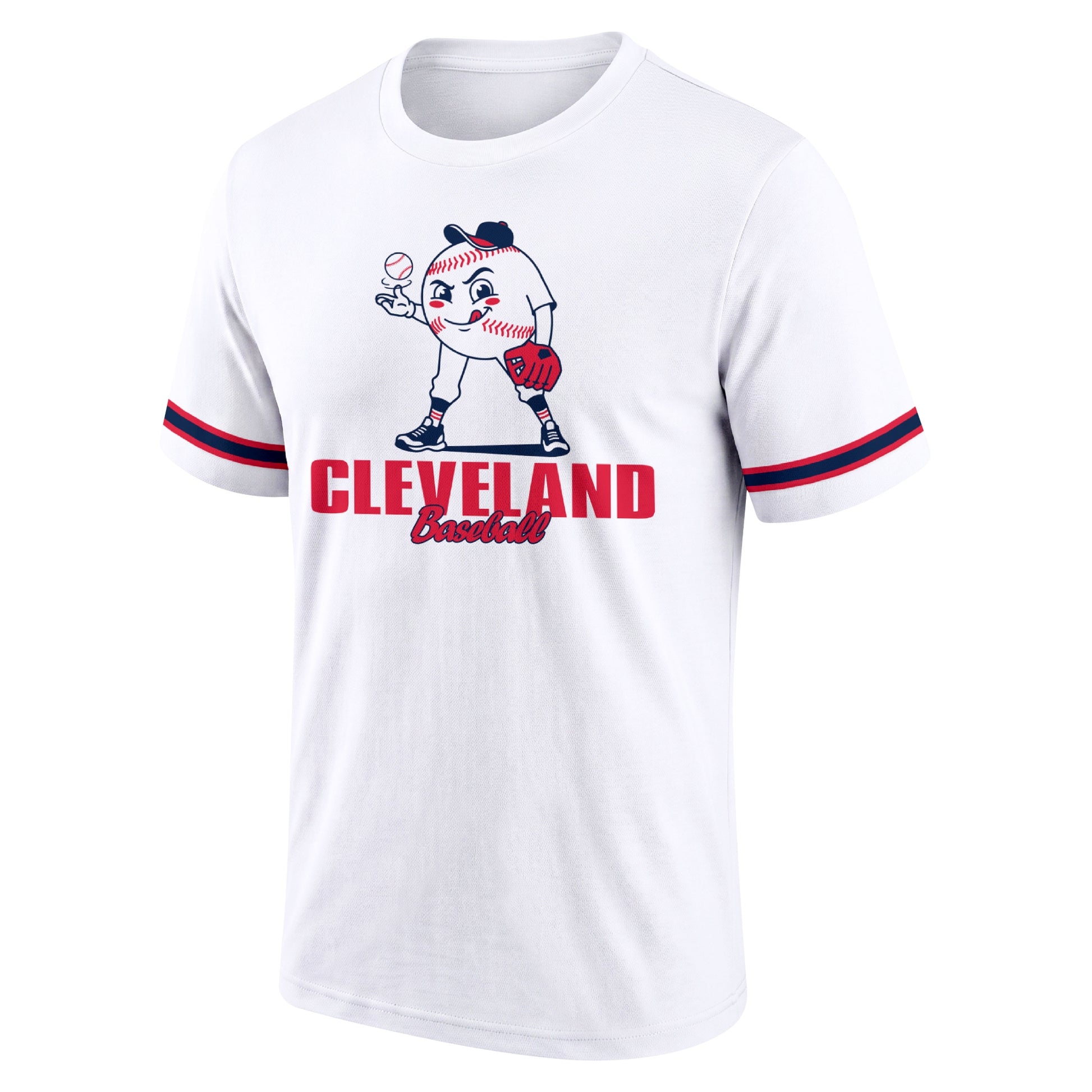 Cleveland White adult baseball T shirt front view with playful baseball character city lettering and striped sleeve accents