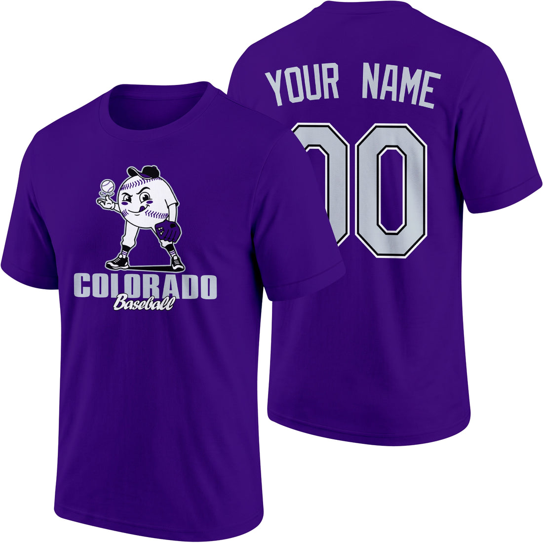 Colorado personalized adult baseball character T shirt in Black showing front and back with striped sleeves custom name and number