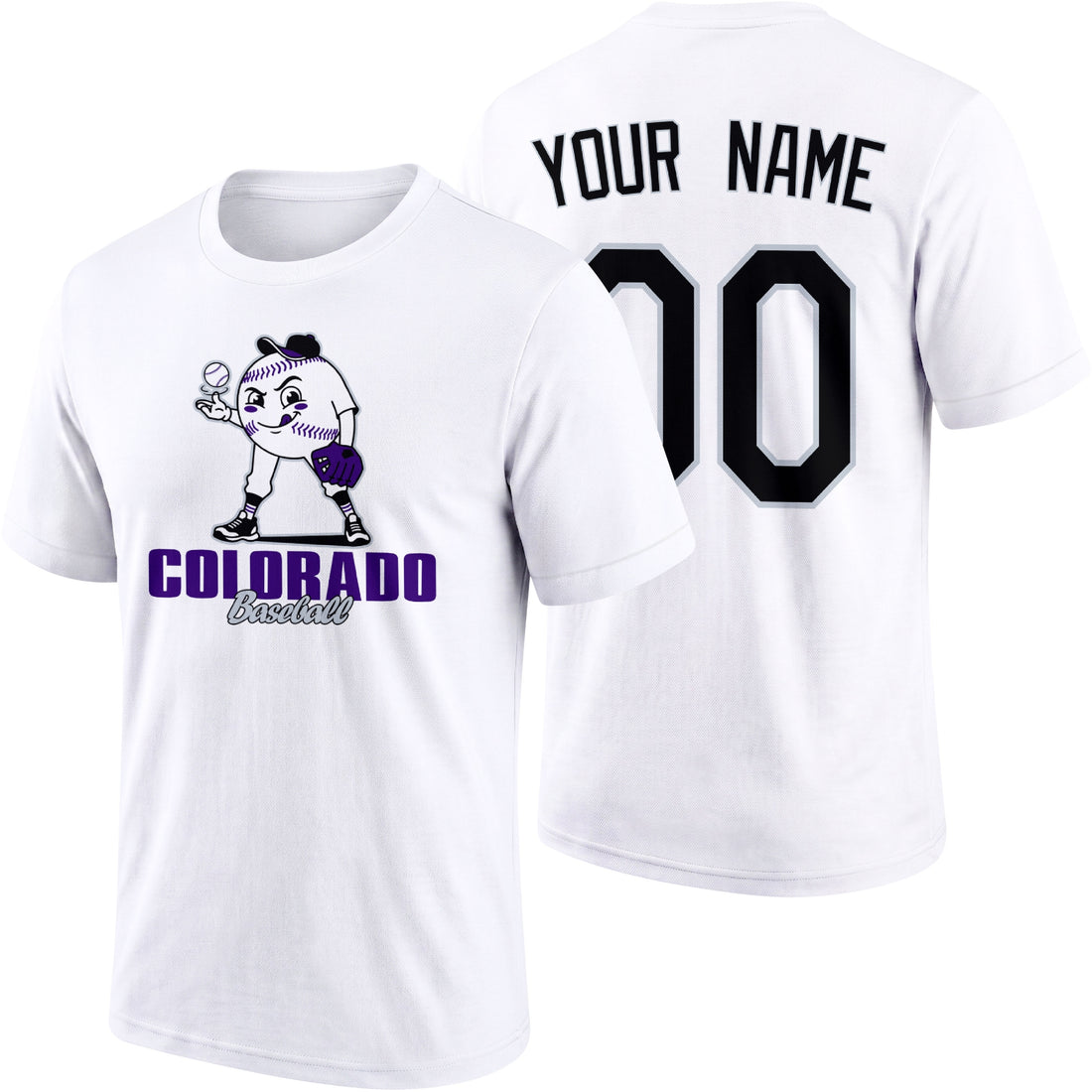 Colorado personalized adult baseball character T shirt in Black showing front and back with striped sleeves custom name and number