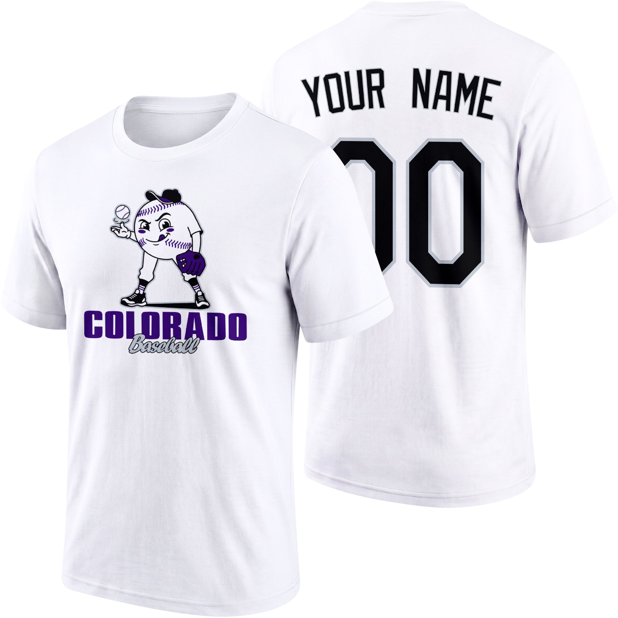 Colorado personalized adult baseball character T shirt in White showing front and back with striped sleeves custom name and number