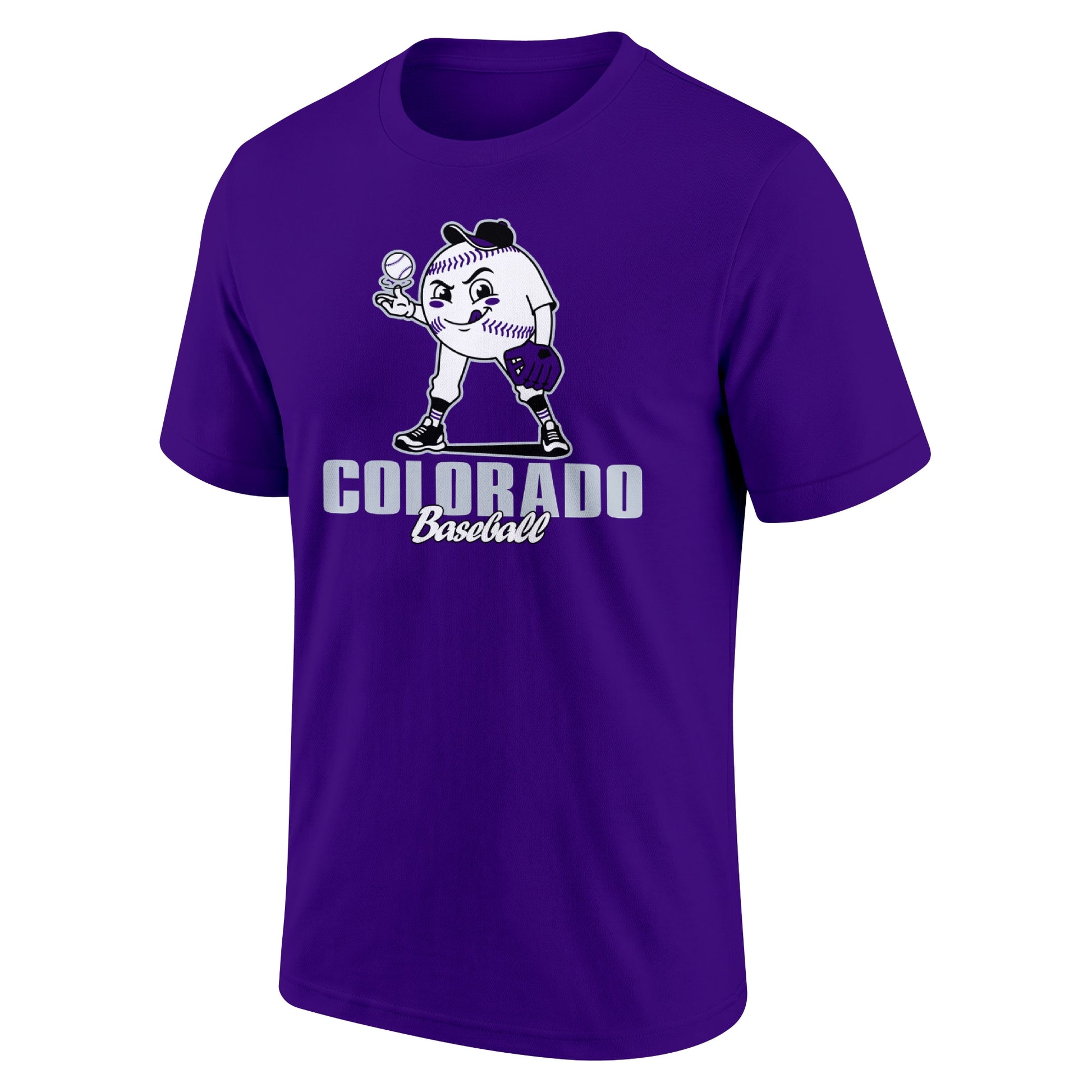 Colorado Black adult baseball T shirt front view with playful baseball character city lettering and striped sleeve accents