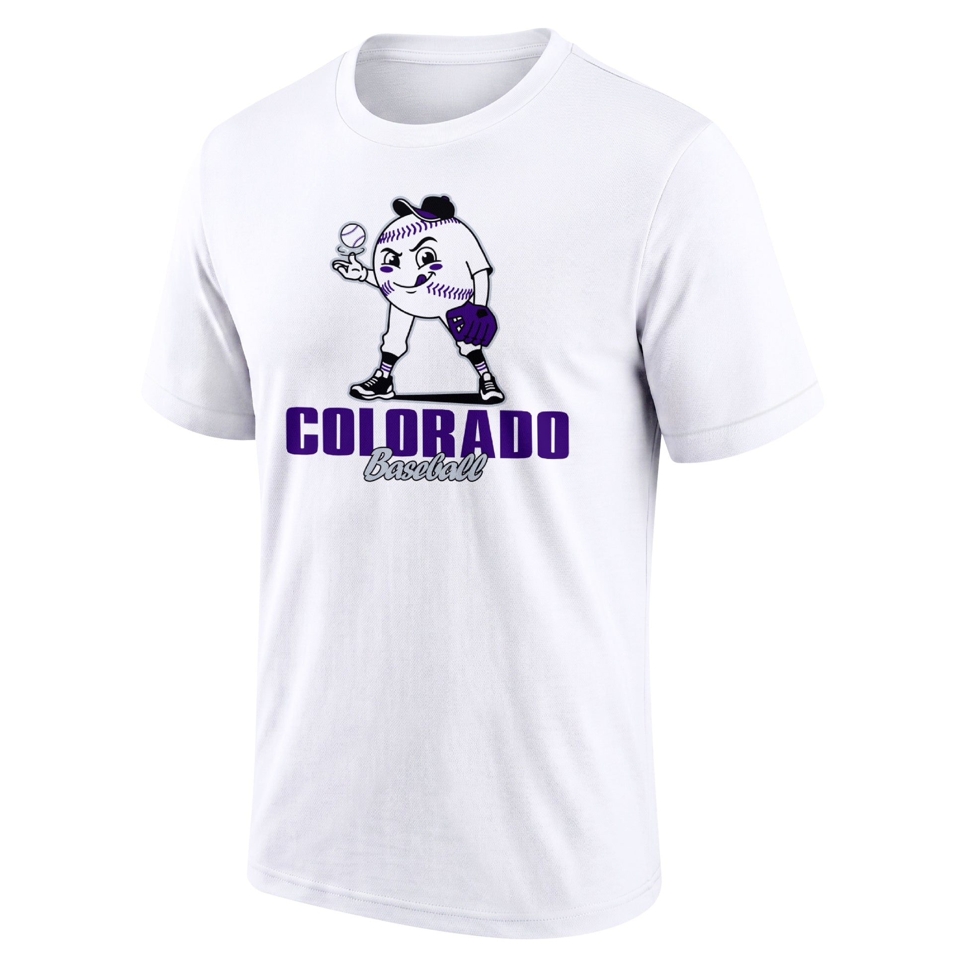 Colorado White adult baseball T shirt front view with playful baseball character city lettering and striped sleeve accents