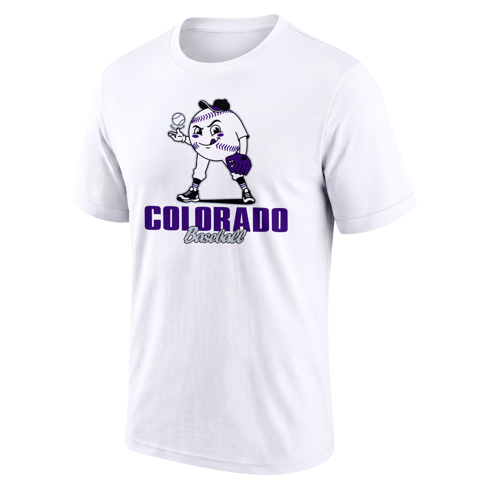 Colorado White adult baseball T shirt front view with playful baseball character city lettering and striped sleeve accents