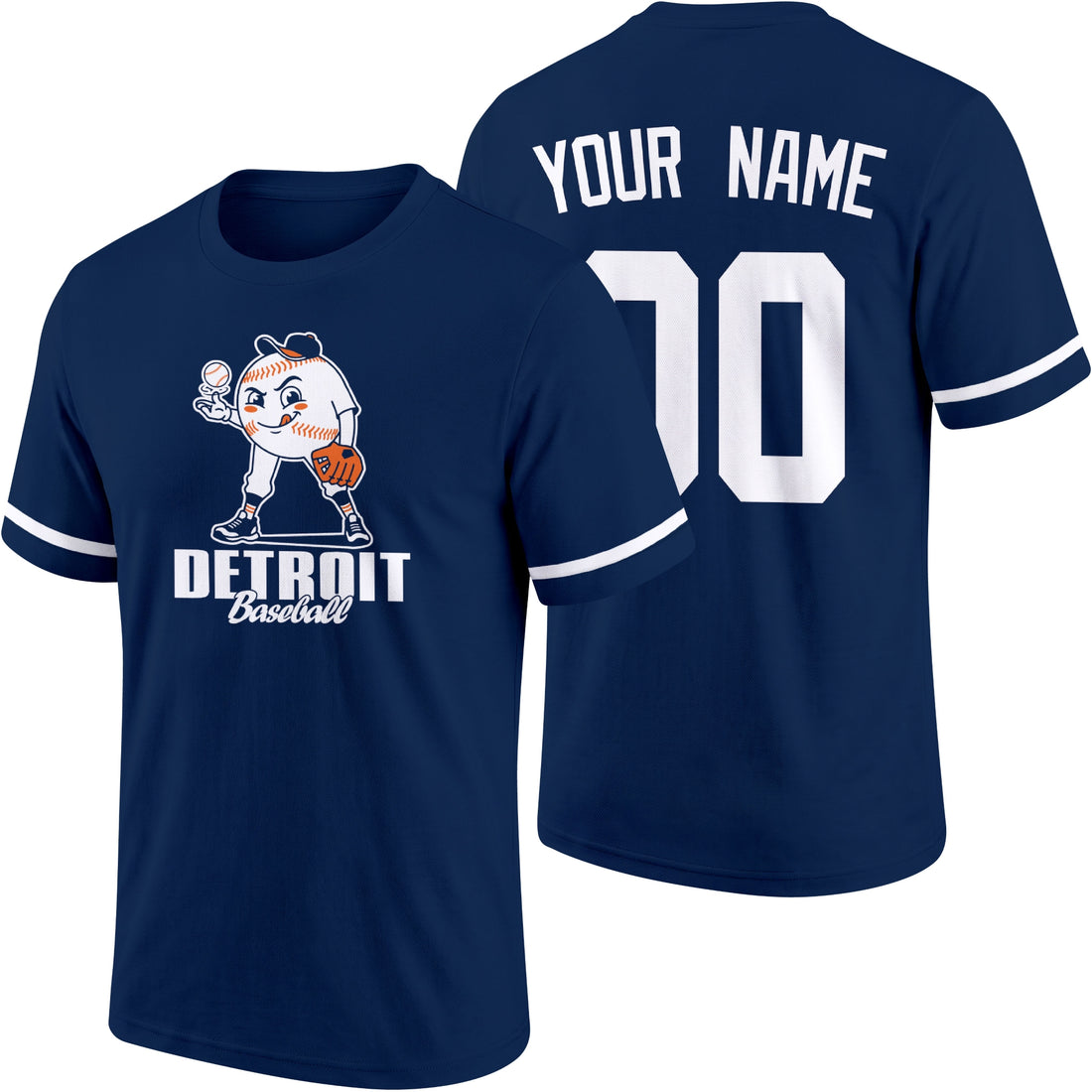 Detroit personalized adult baseball character T shirt in Navy showing front and back with striped sleeves custom name and number
