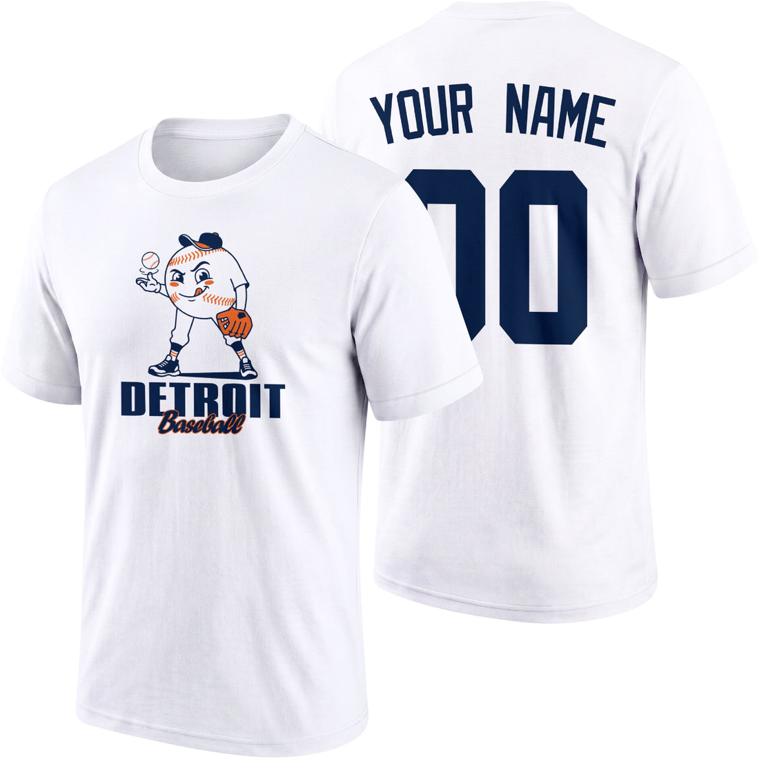 Detroit personalized adult baseball character T shirt in Navy showing front and back with striped sleeves custom name and number