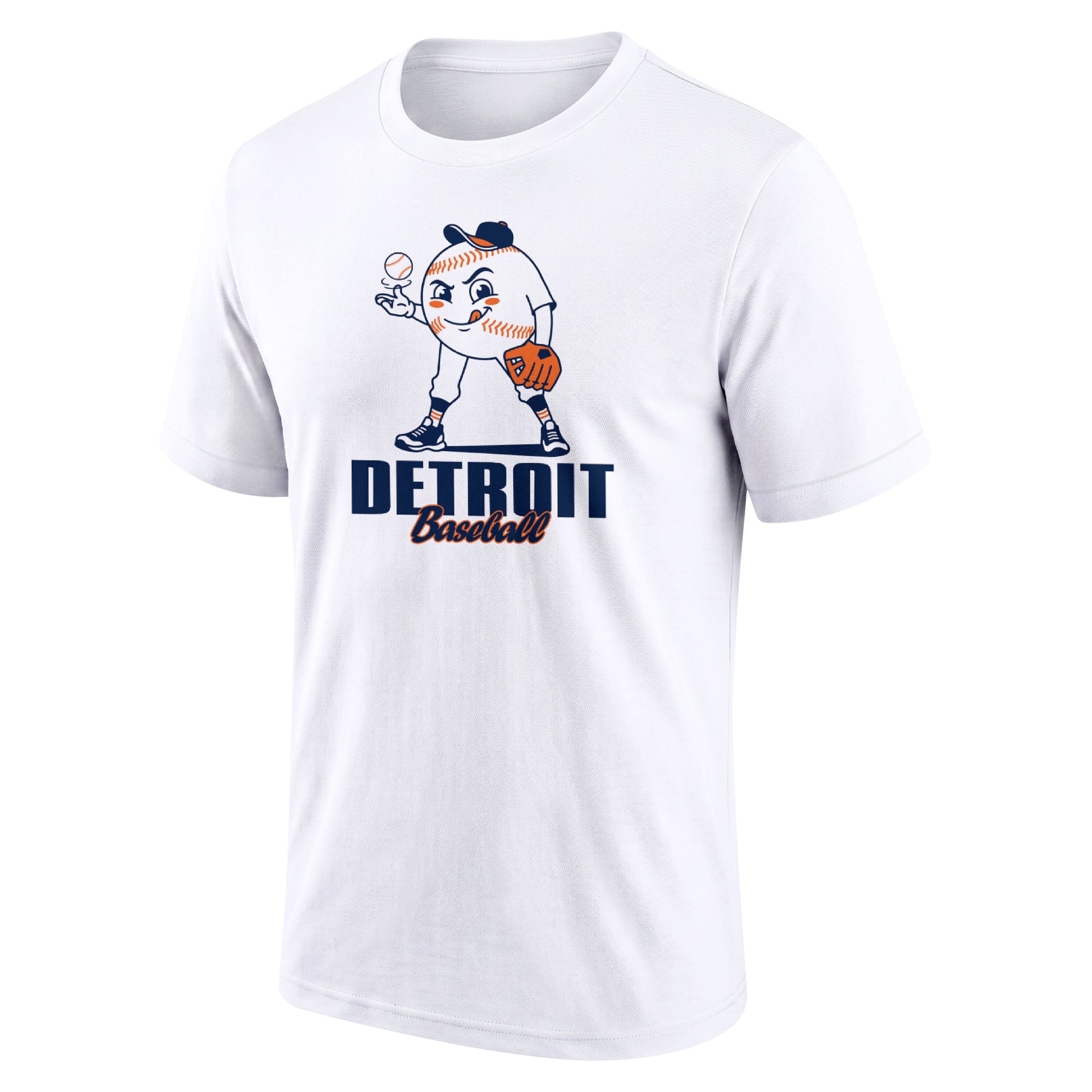 Detroit White adult baseball T shirt front view with playful baseball character city lettering and striped sleeve accents