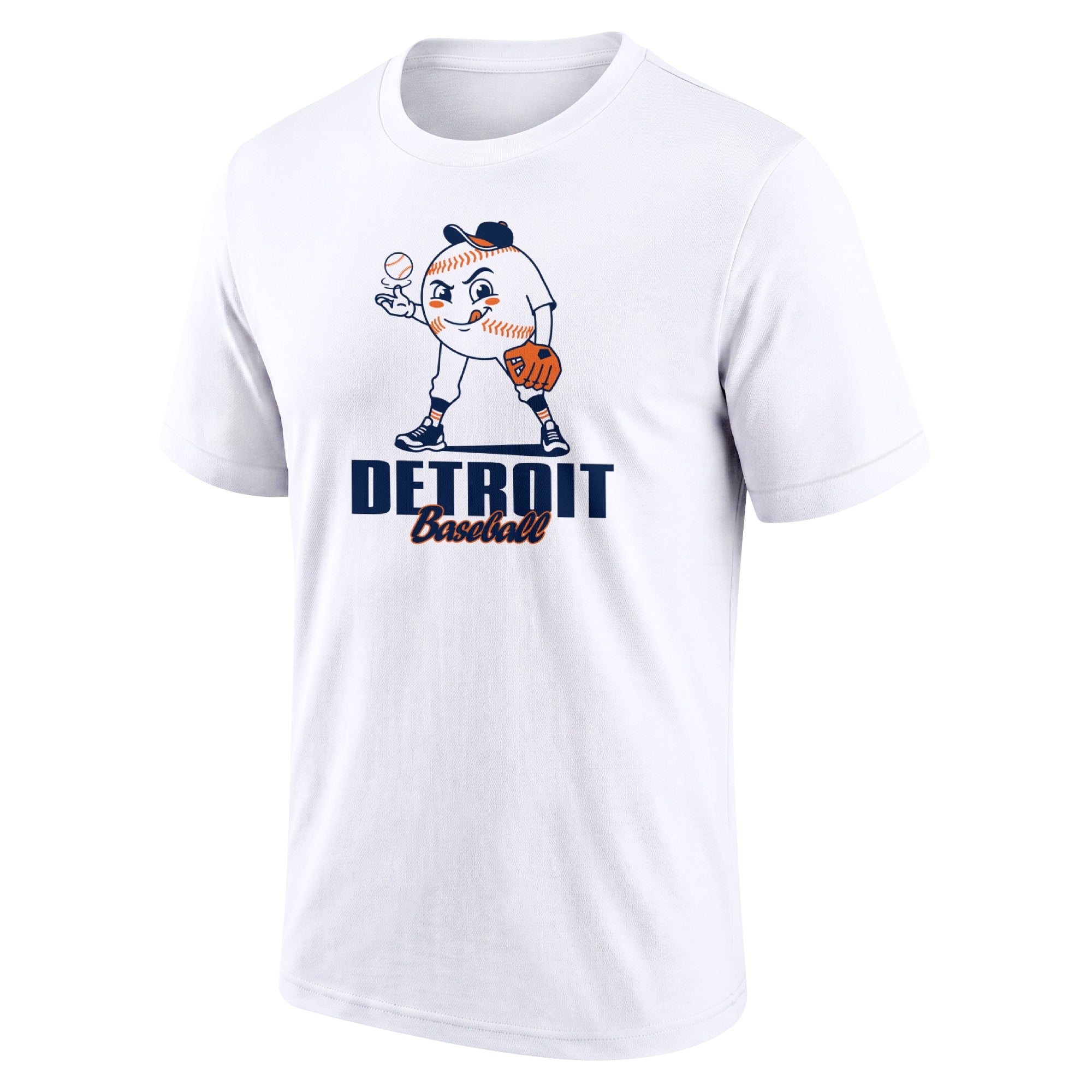 Detroit White adult baseball T shirt front view with playful baseball character city lettering and striped sleeve accents