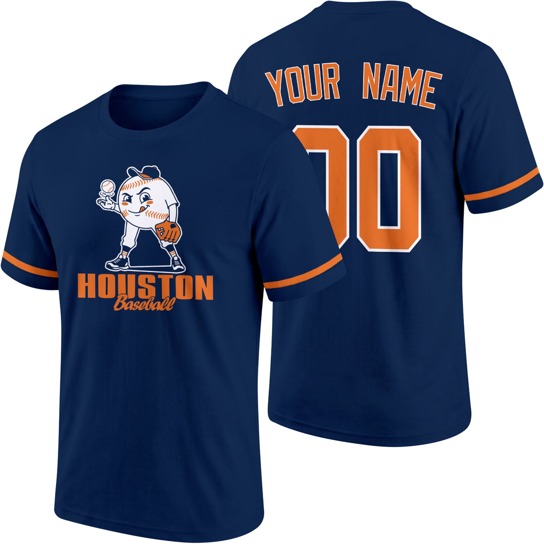 Houston personalized adult baseball character T shirt in Navy showing front and back with striped sleeves custom name and number
