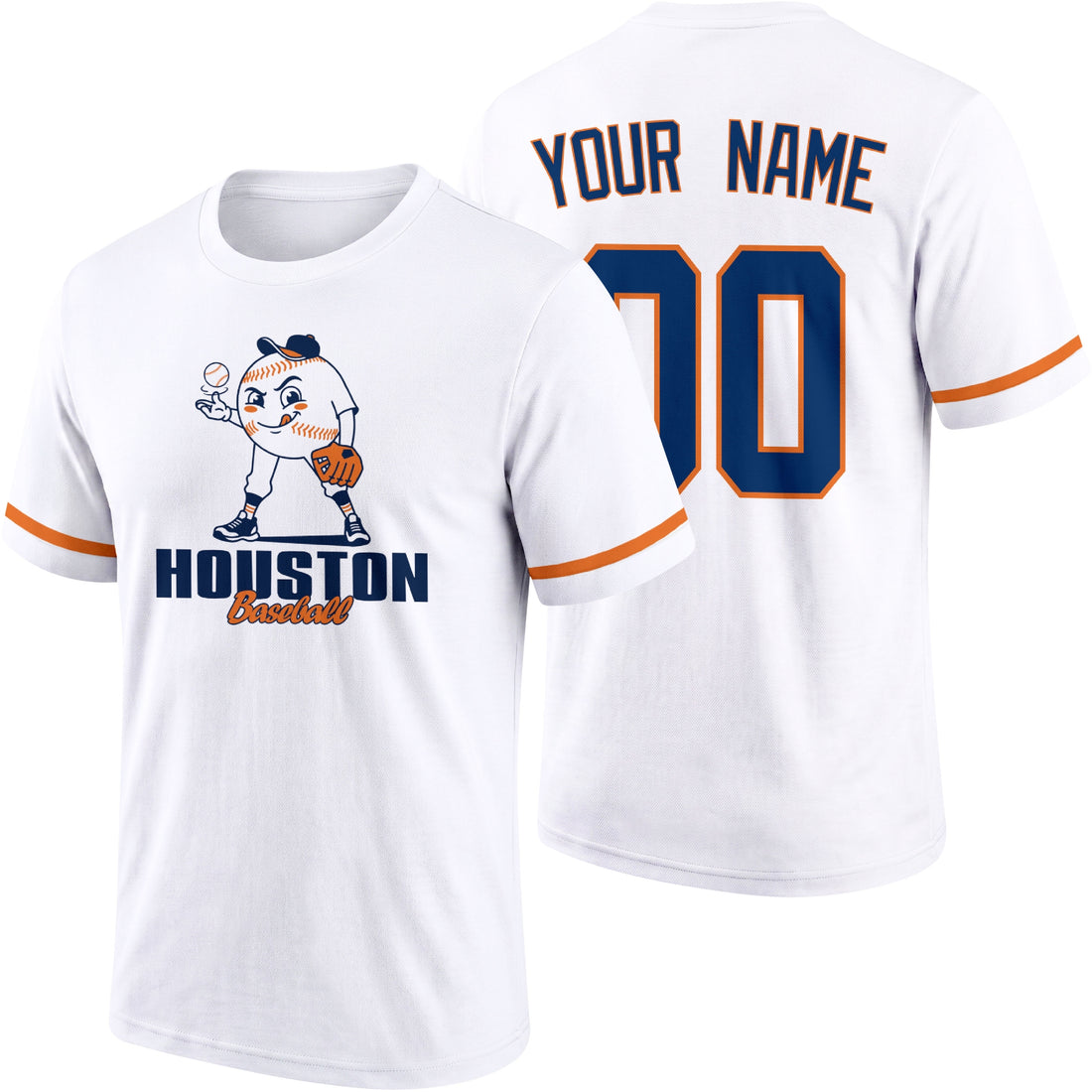Houston personalized adult baseball character T shirt in Navy showing front and back with striped sleeves custom name and number