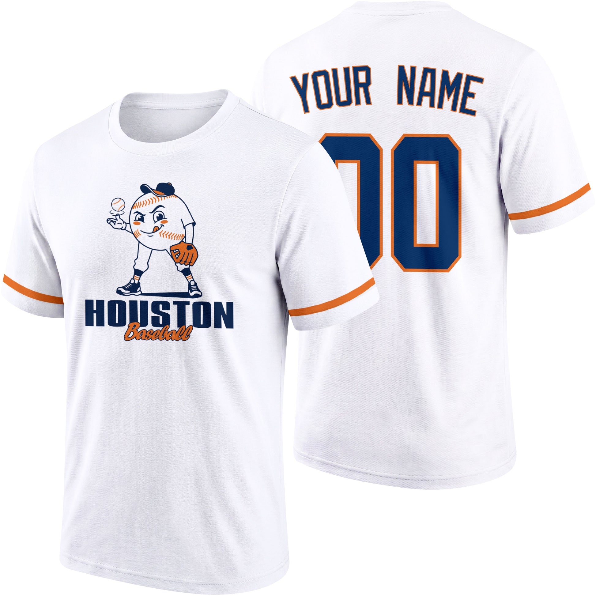 Houston personalized adult baseball character T shirt in White showing front and back with striped sleeves custom name and number