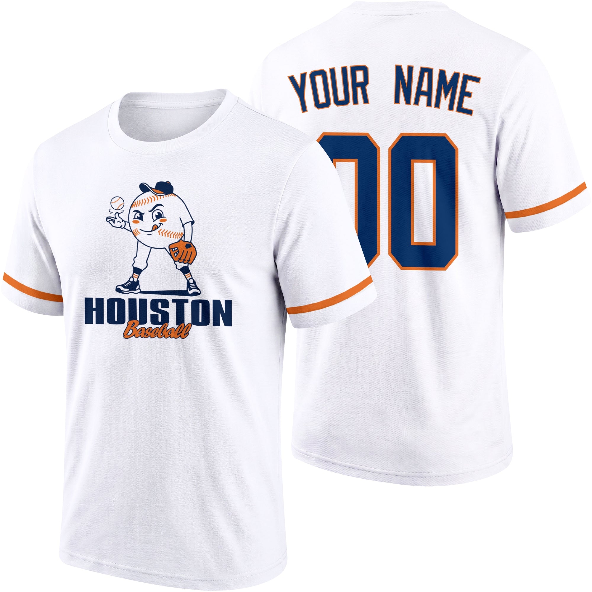 Houston personalized adult baseball character T shirt in White showing front and back with striped sleeves custom name and number