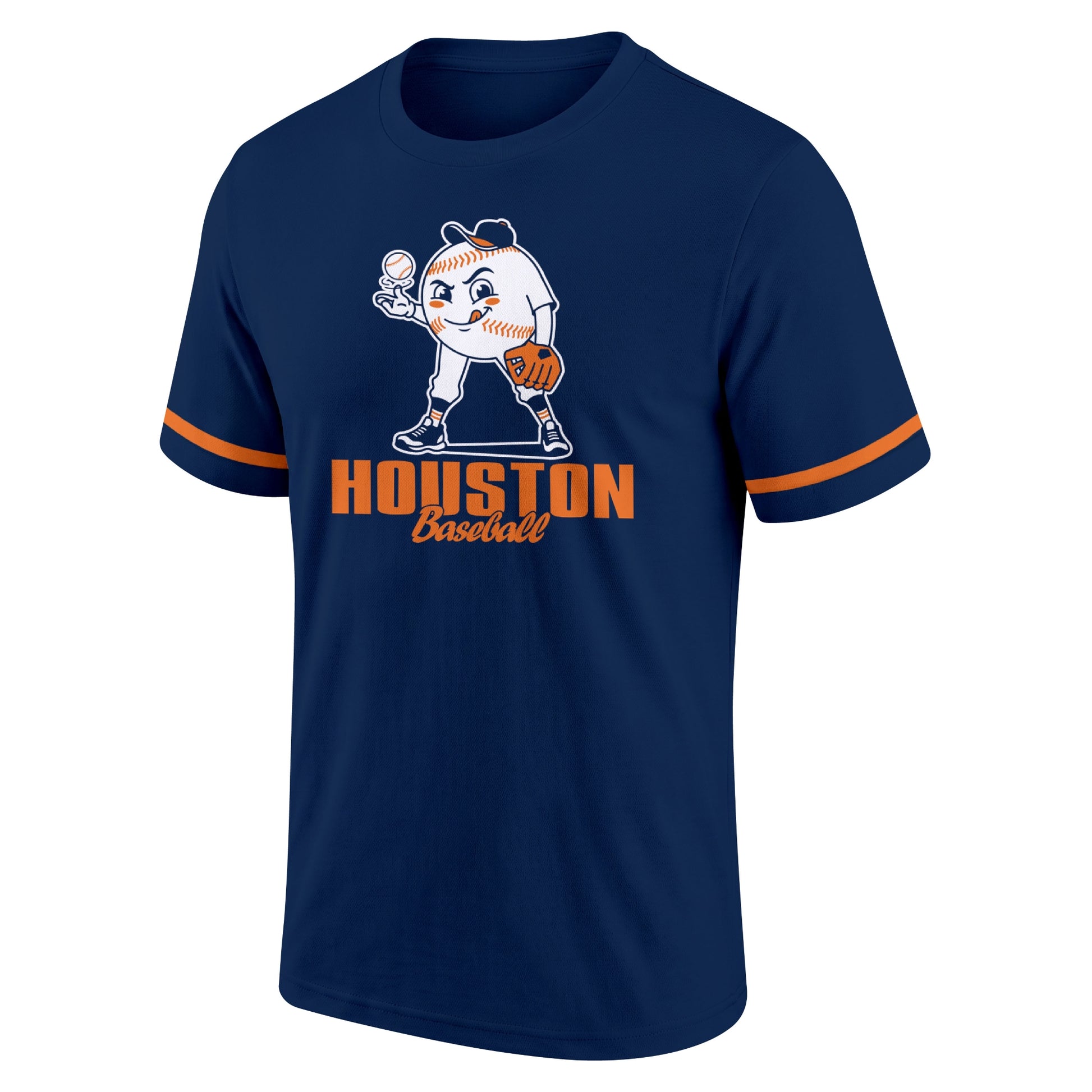 Houston Navy adult baseball T shirt front view with playful baseball character city lettering and striped sleeve accents