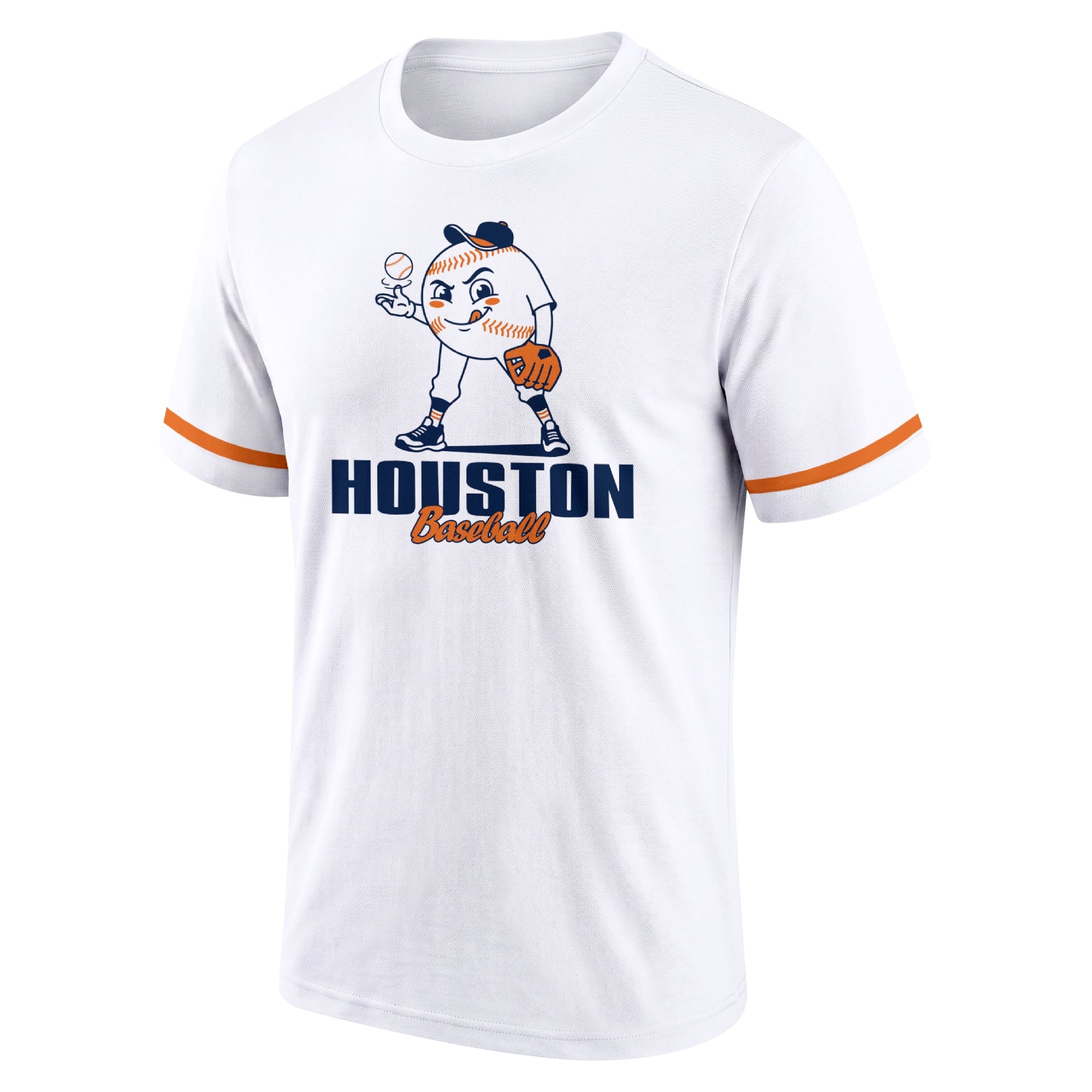 Houston White adult baseball T shirt front view with playful baseball character city lettering and striped sleeve accents