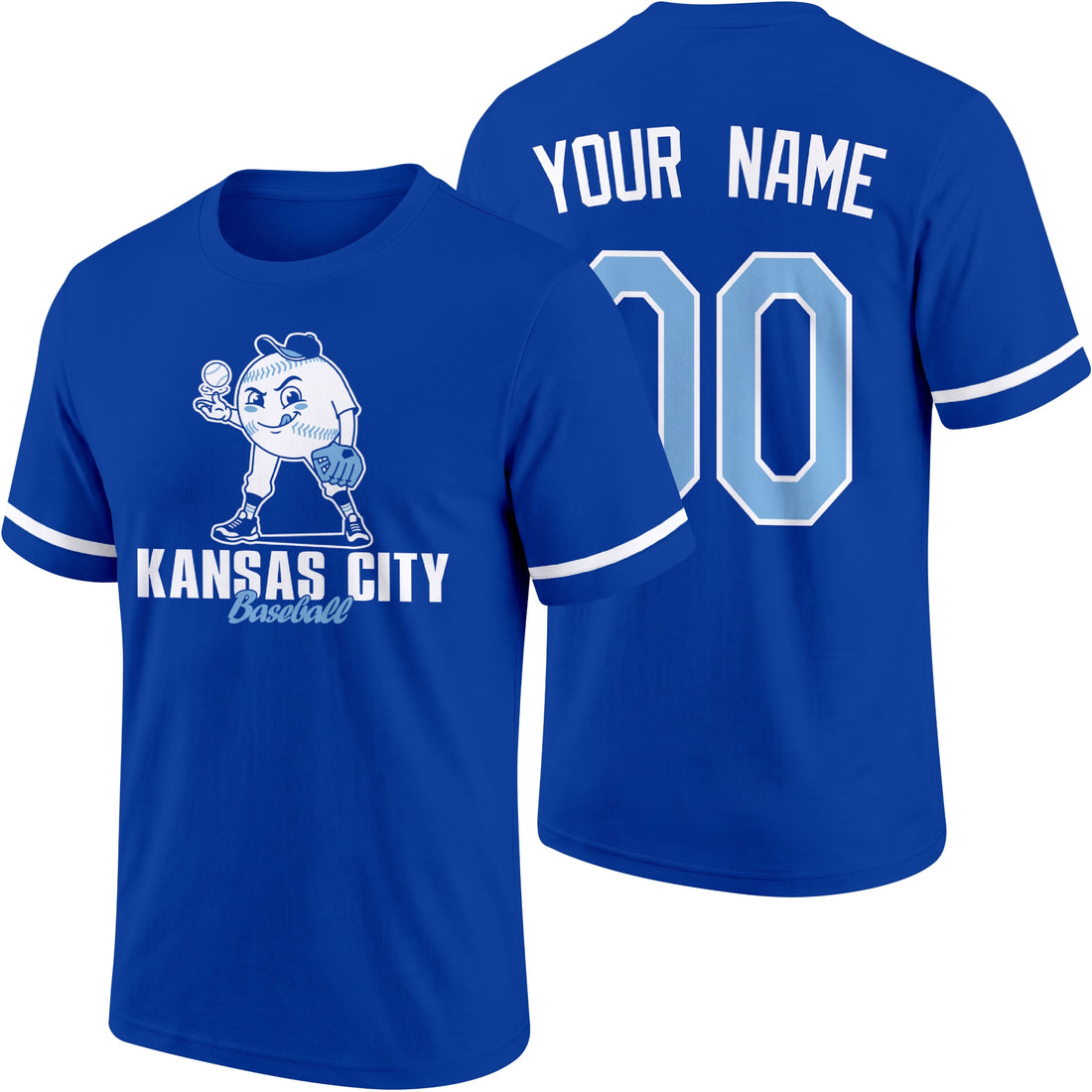 Kansas City personalized adult baseball character T shirt in Royal showing front and back with striped sleeves custom name and number