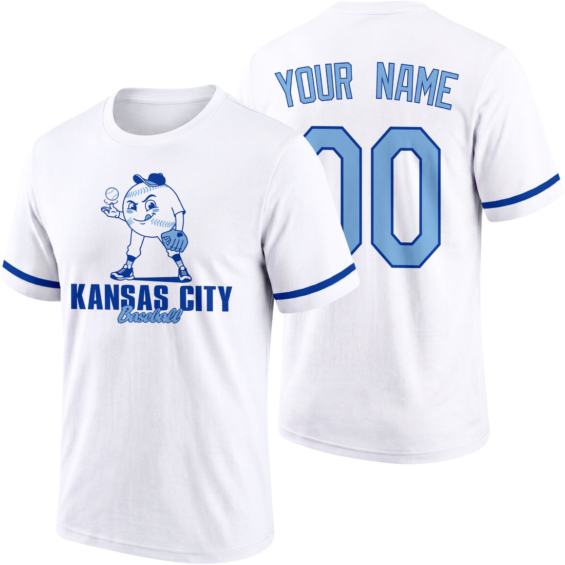Kansas City personalized adult baseball character T shirt in Royal showing front and back with striped sleeves custom name and number