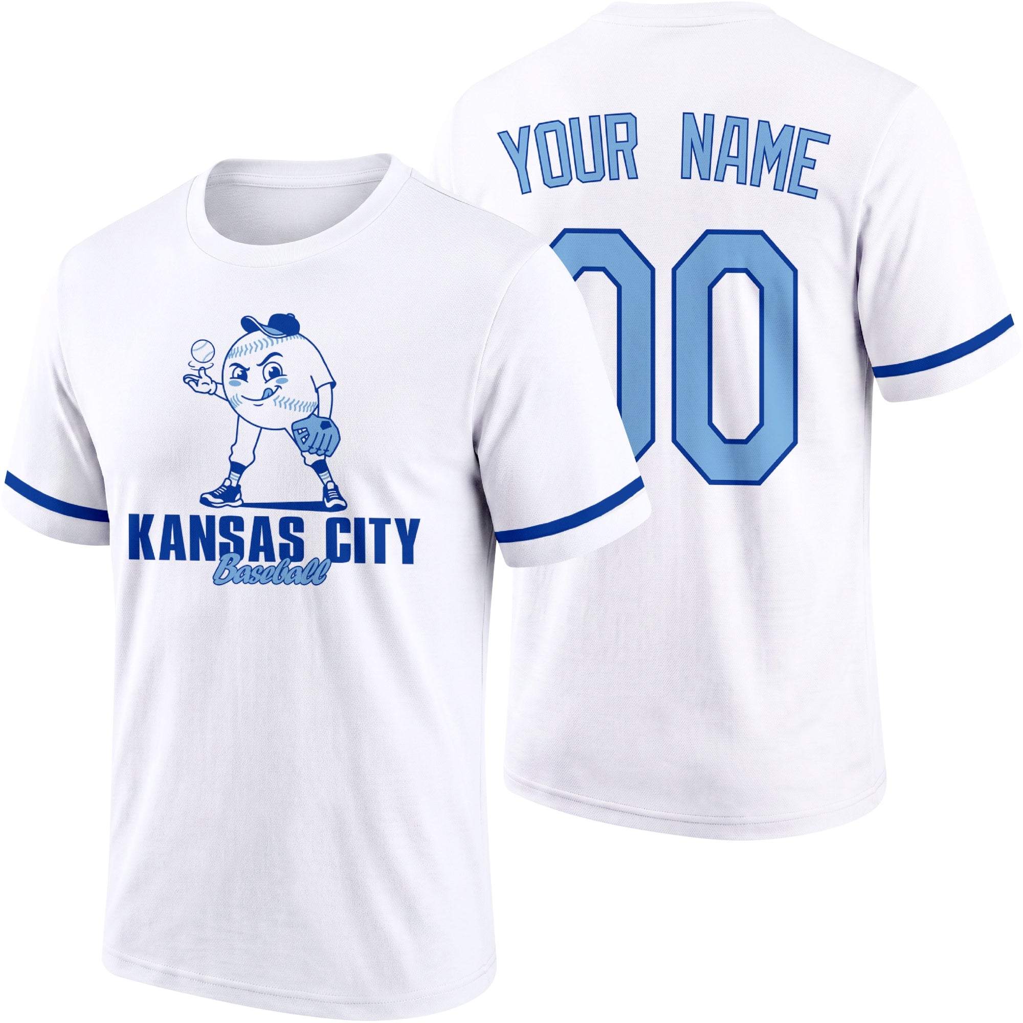 Kansas City personalized adult baseball character T shirt in White showing front and back with striped sleeves custom name and number