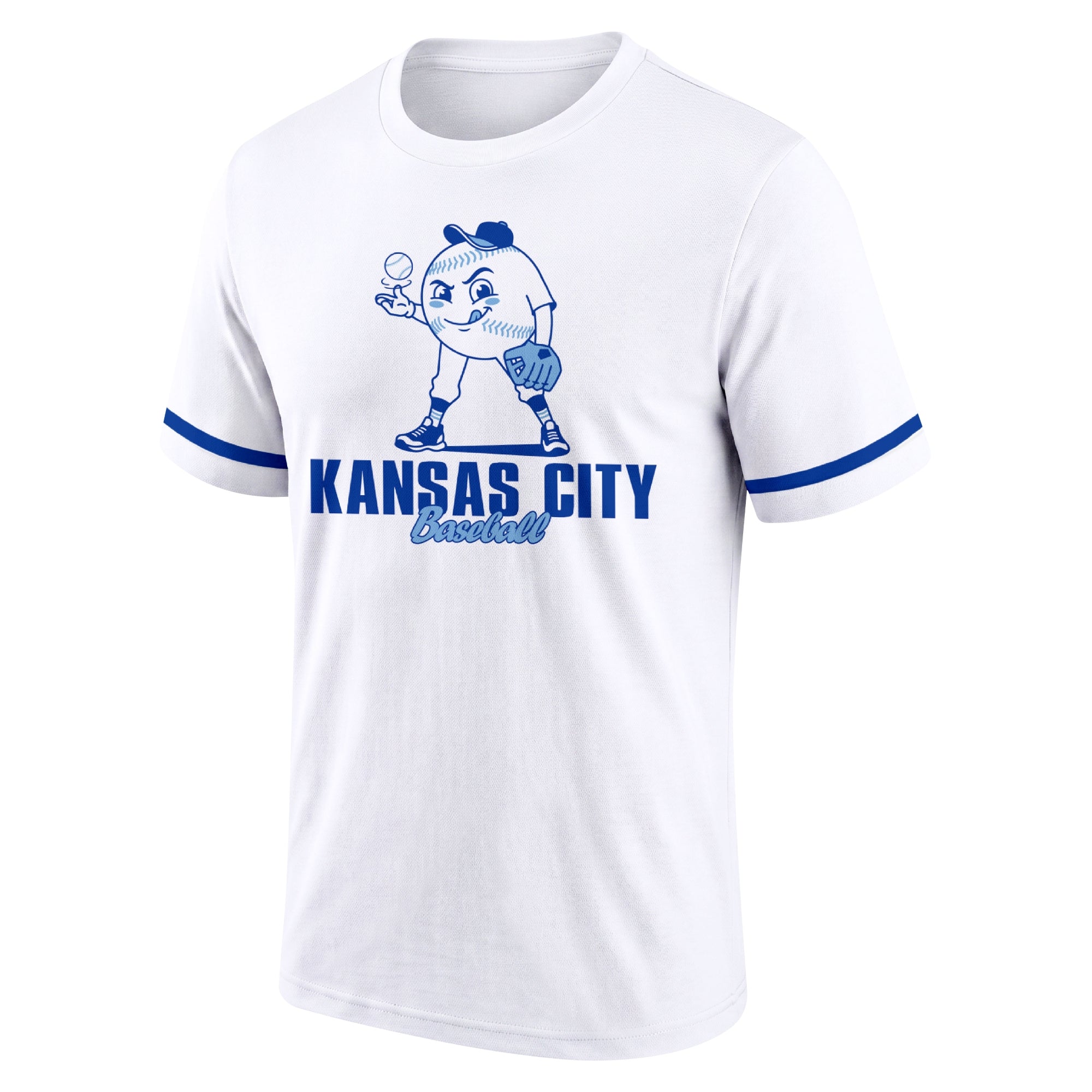 Kansas City White adult baseball T shirt front view with playful baseball character city lettering and striped sleeve accents