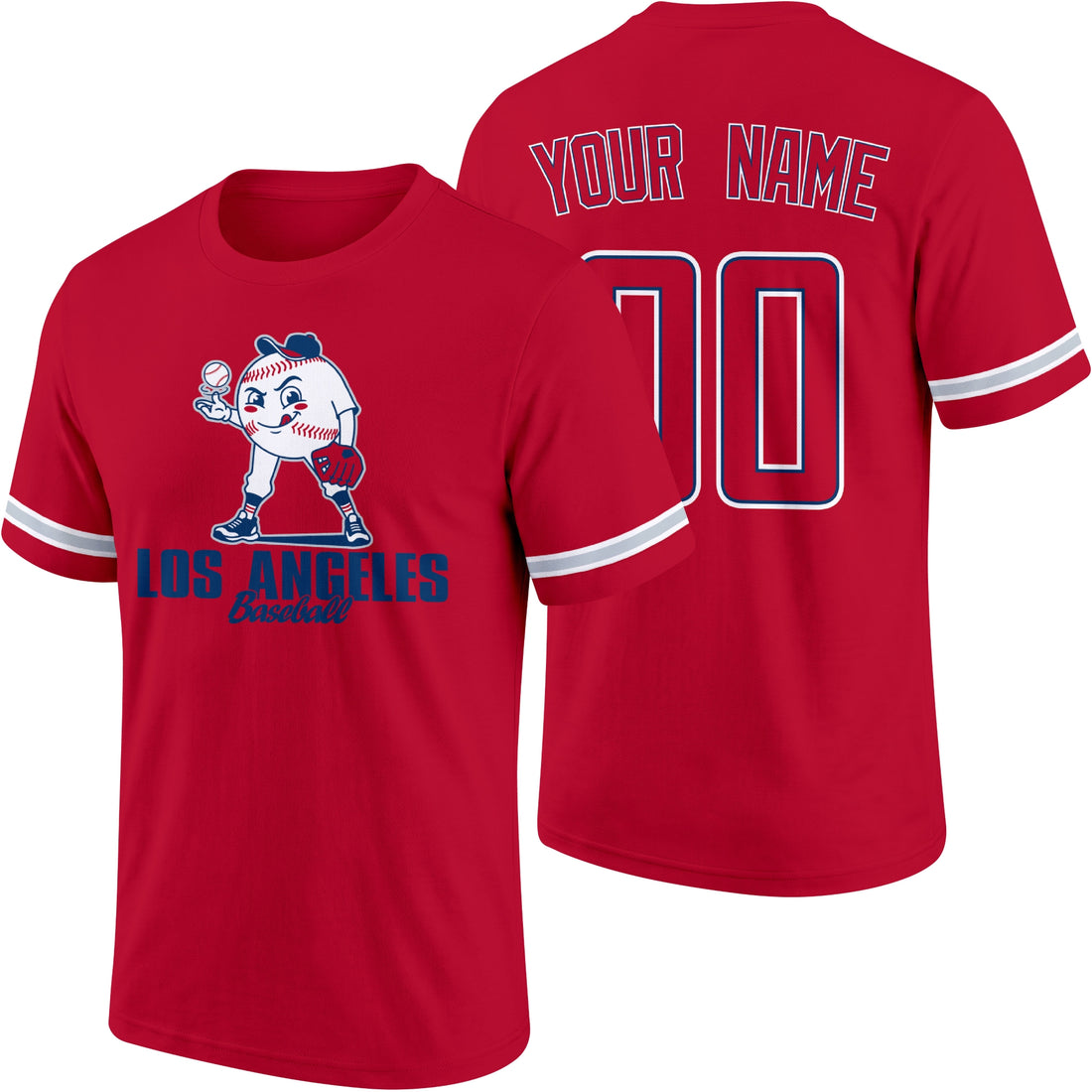 Los Angeles Red personalized adult baseball character T shirt in Red showing front and back with striped sleeves custom name and number