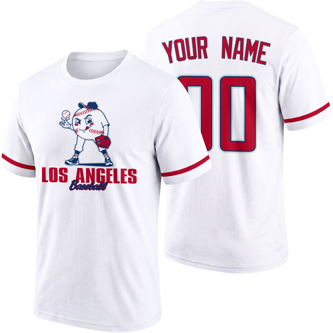 Los Angeles Red personalized adult baseball character T shirt in Red showing front and back with striped sleeves custom name and number