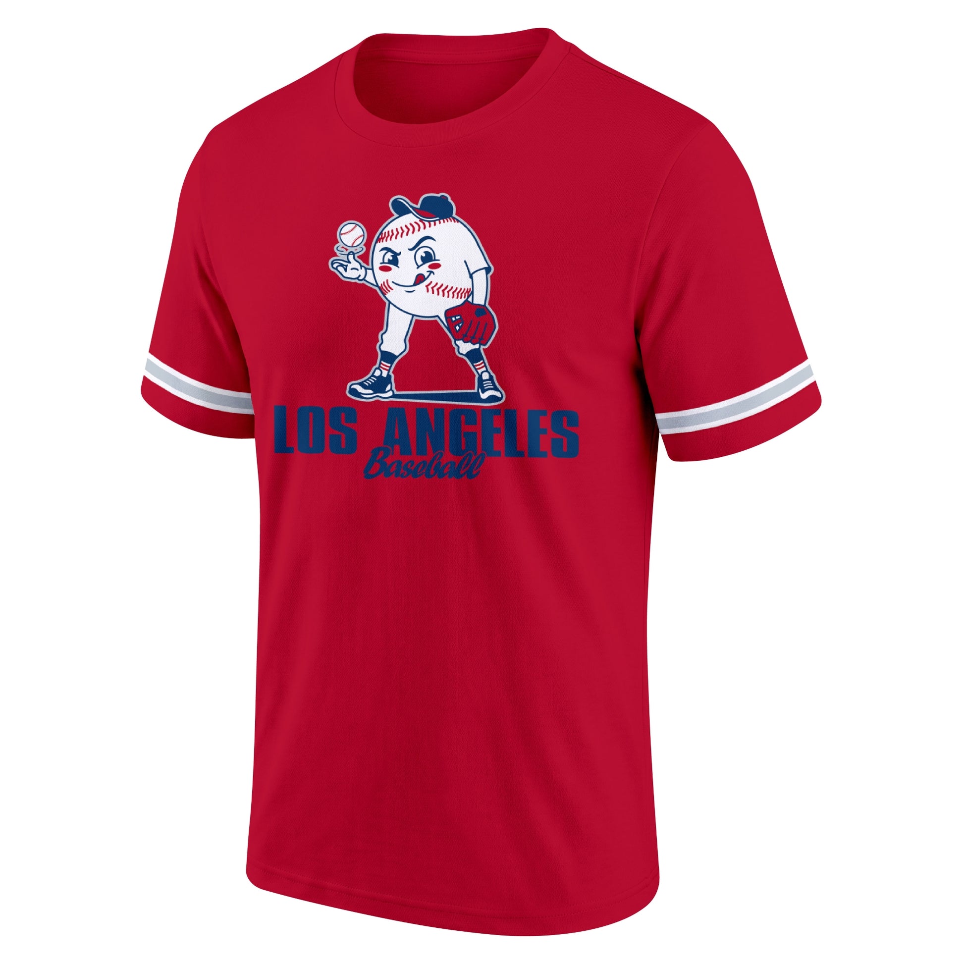 Los Angeles Red Red adult baseball T shirt front view with playful baseball character city lettering and striped sleeve accents