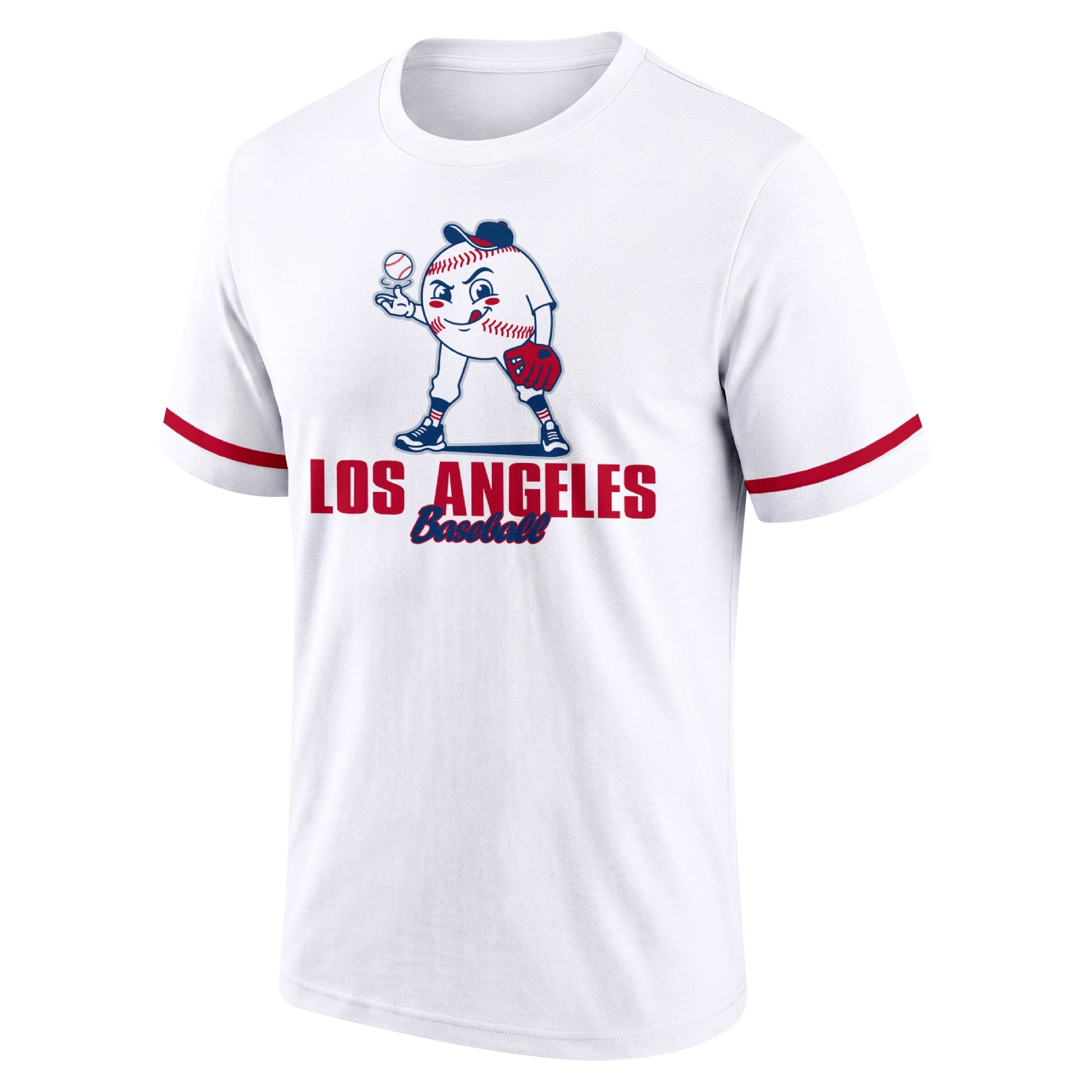 Los Angeles Red White adult baseball T shirt front view with playful baseball character city lettering and striped sleeve accents