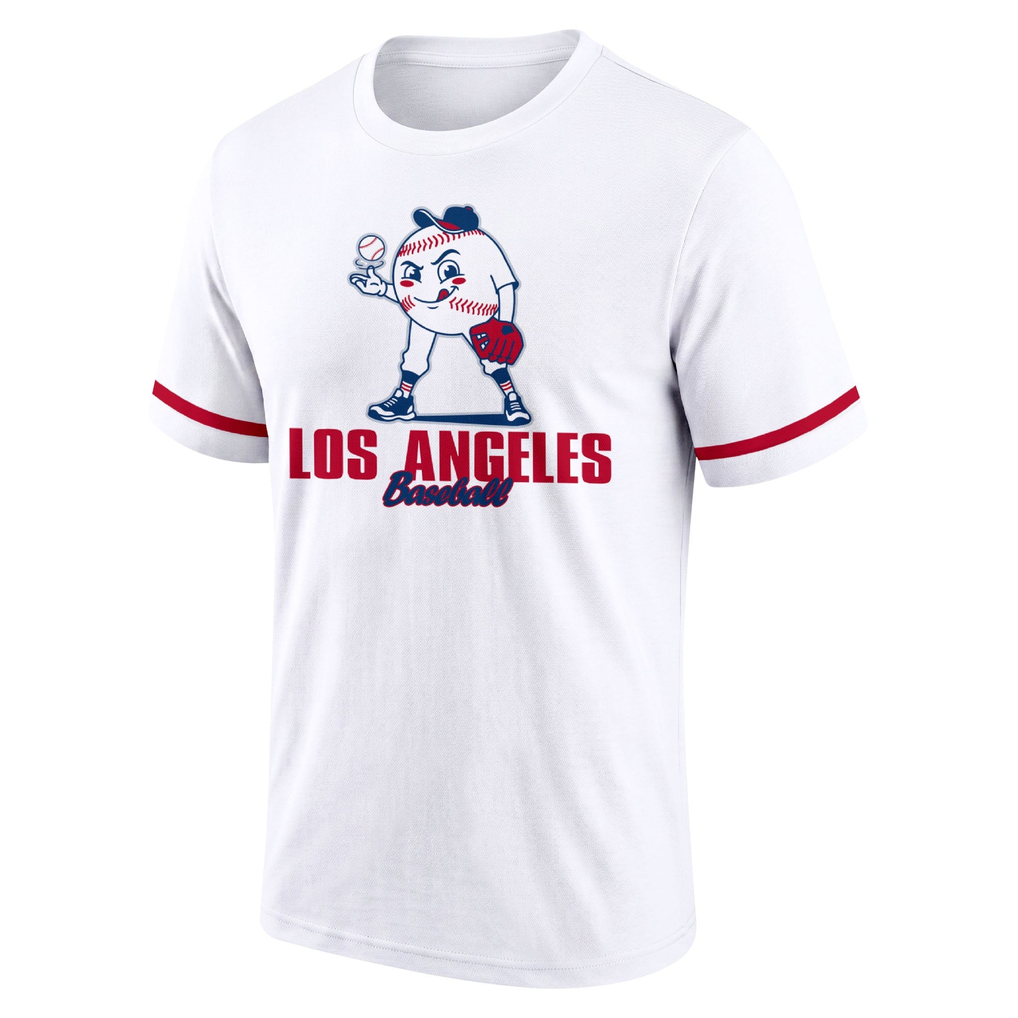 Los Angeles Red White adult baseball T shirt front view with playful baseball character city lettering and striped sleeve accents