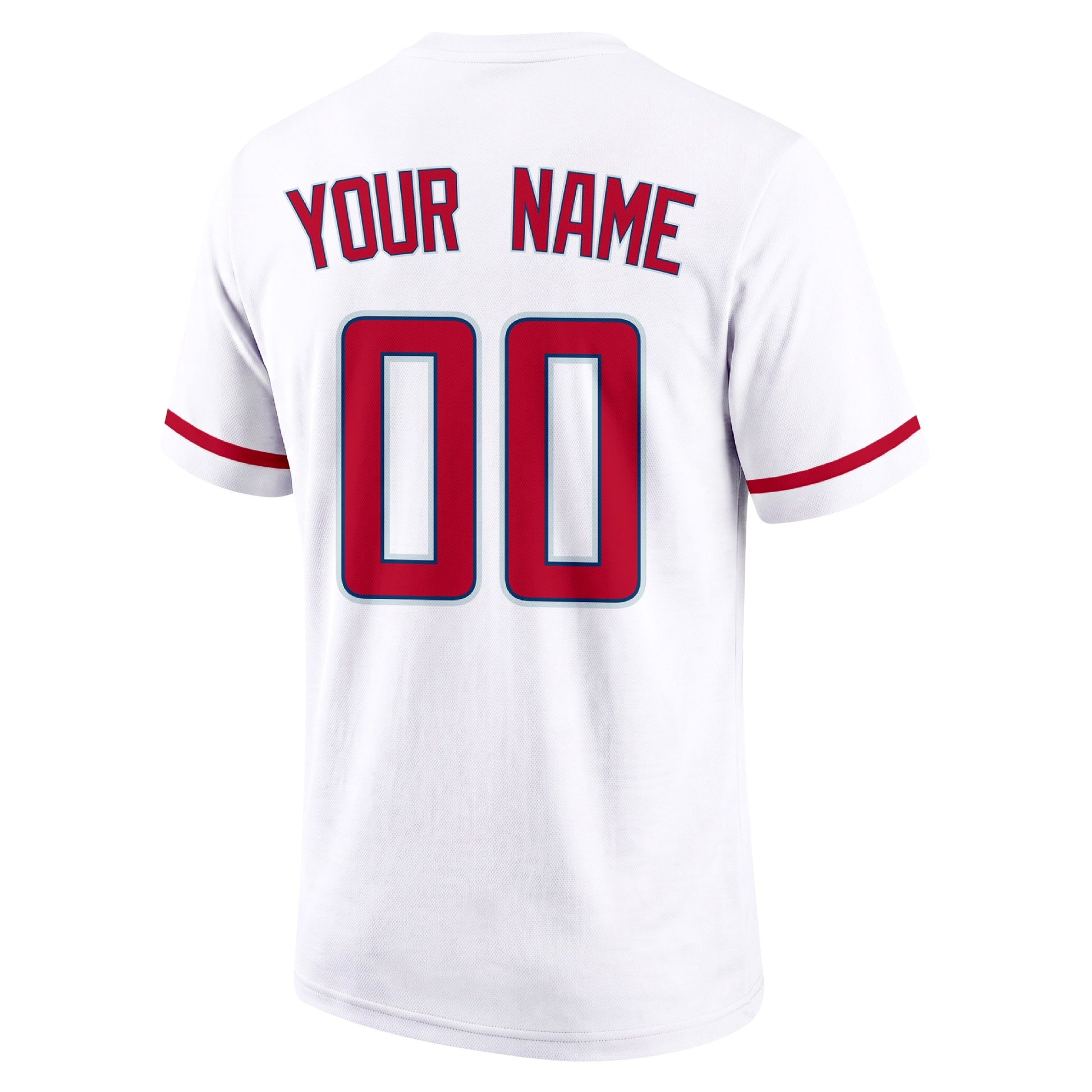 Los Angeles Red White adult baseball T shirt back view with customizable name and large jersey style number