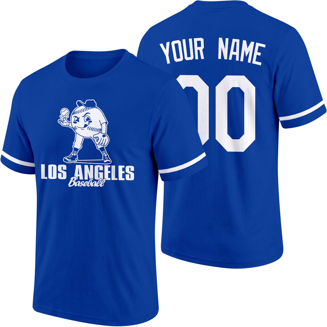 Los Angeles Blue personalized adult baseball character T shirt in Royal showing front and back with striped sleeves custom name and number
